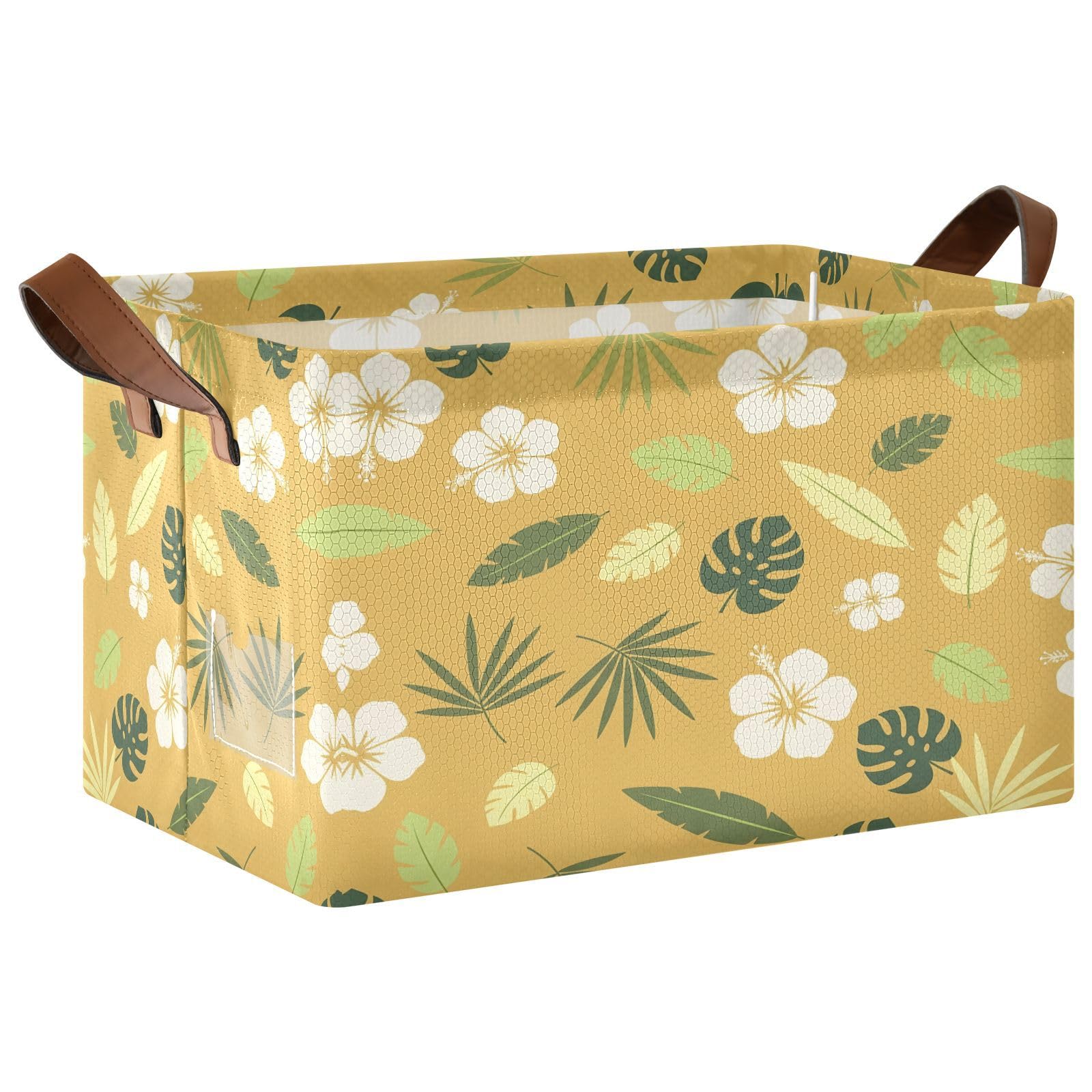 Cgiub Hibiscus Tropical Leaves Storage Basket Waterproof Foldable Storage Bin Baby Laundry Basket Closet Organiser for Nursery Decor Home Organizing