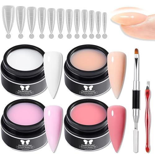 Furtherpretty Builder Gel Nail Kit, 4 Colors Polygel for Nail Extension (Milky White, Nude, Pink, Orange) with Dual Nail Forms & Brush, UV/LED Soak Off Nail Sculpting Gel for Overlay & Repair