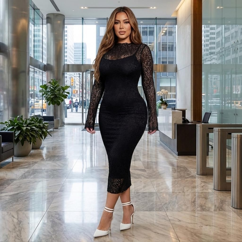 Women 2 Piece Lace Dress Set Sexy Bodycon Long Sleeve Elegant See Through Cocktail Wedding Guest Dresses - Image 3