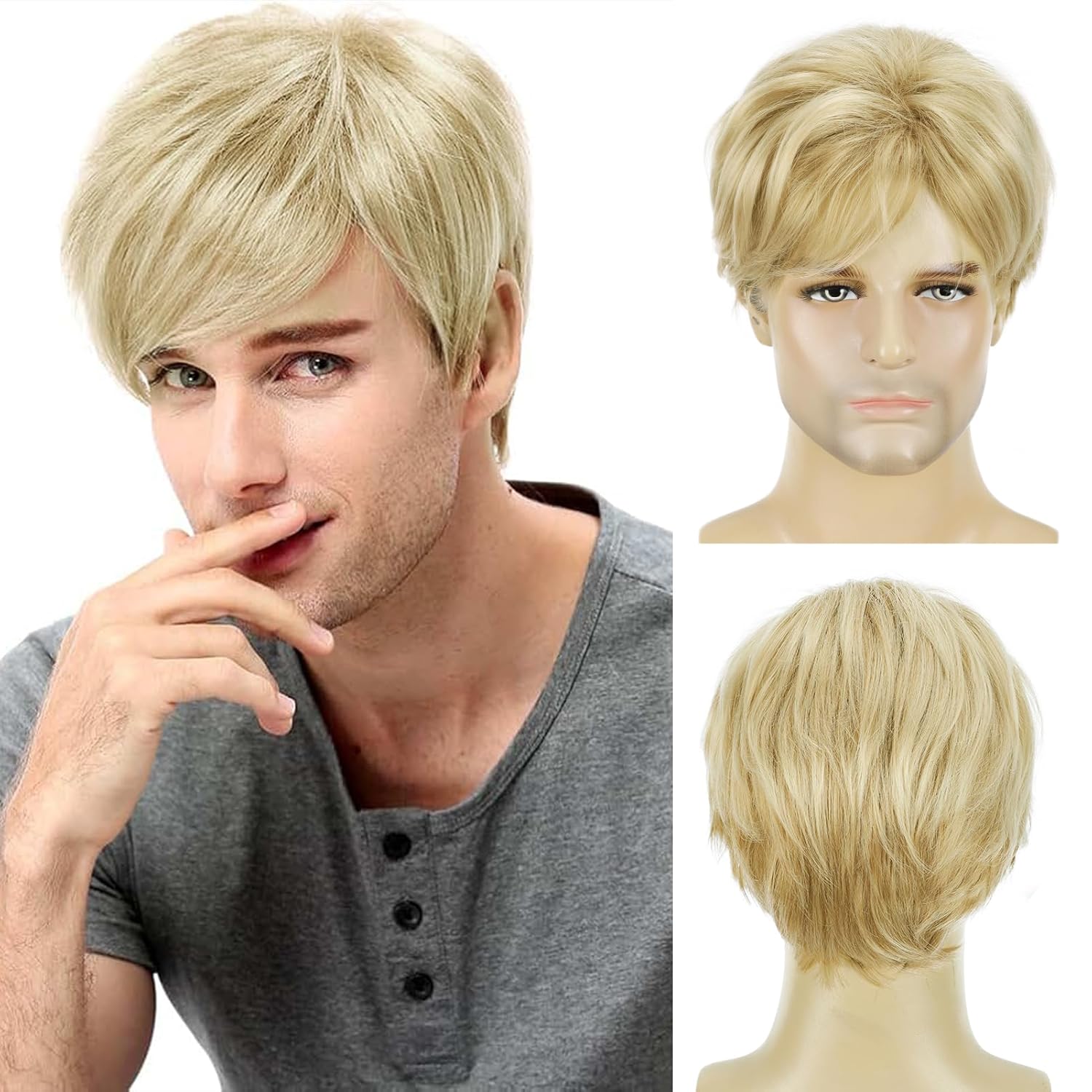 YYHR Mens Blonde Wig Short Layered Natural Fluffy Wig Synthetic Male Guy Daily Wear Anime Costume Halloween Cosplay Party Blonde Mix Brown