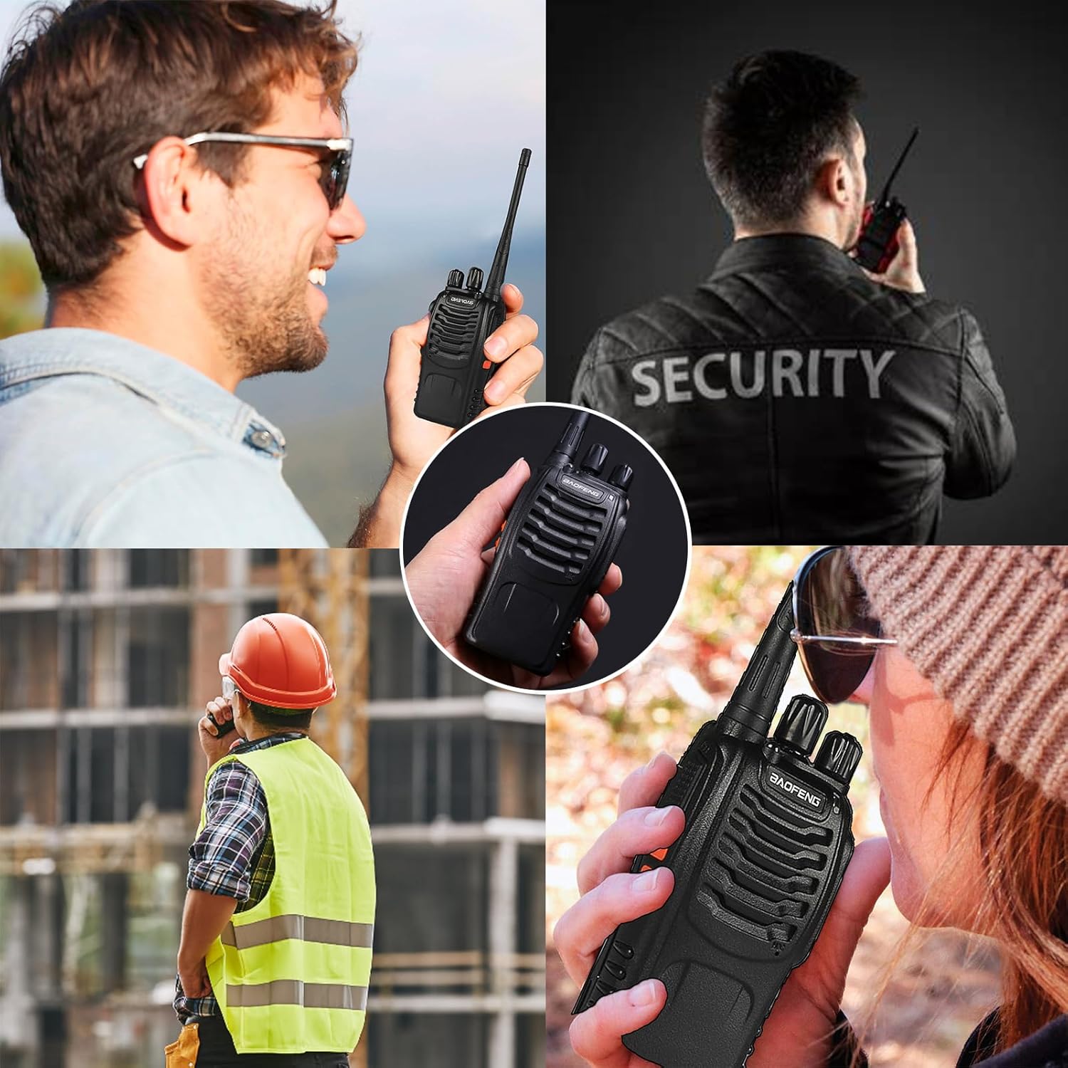 Four images showing the BAOFENG BF-888S walkie talkie being used in various scenarios: a man holding it outdoors, a security guard using it, a construction worker, and a woman holding it.