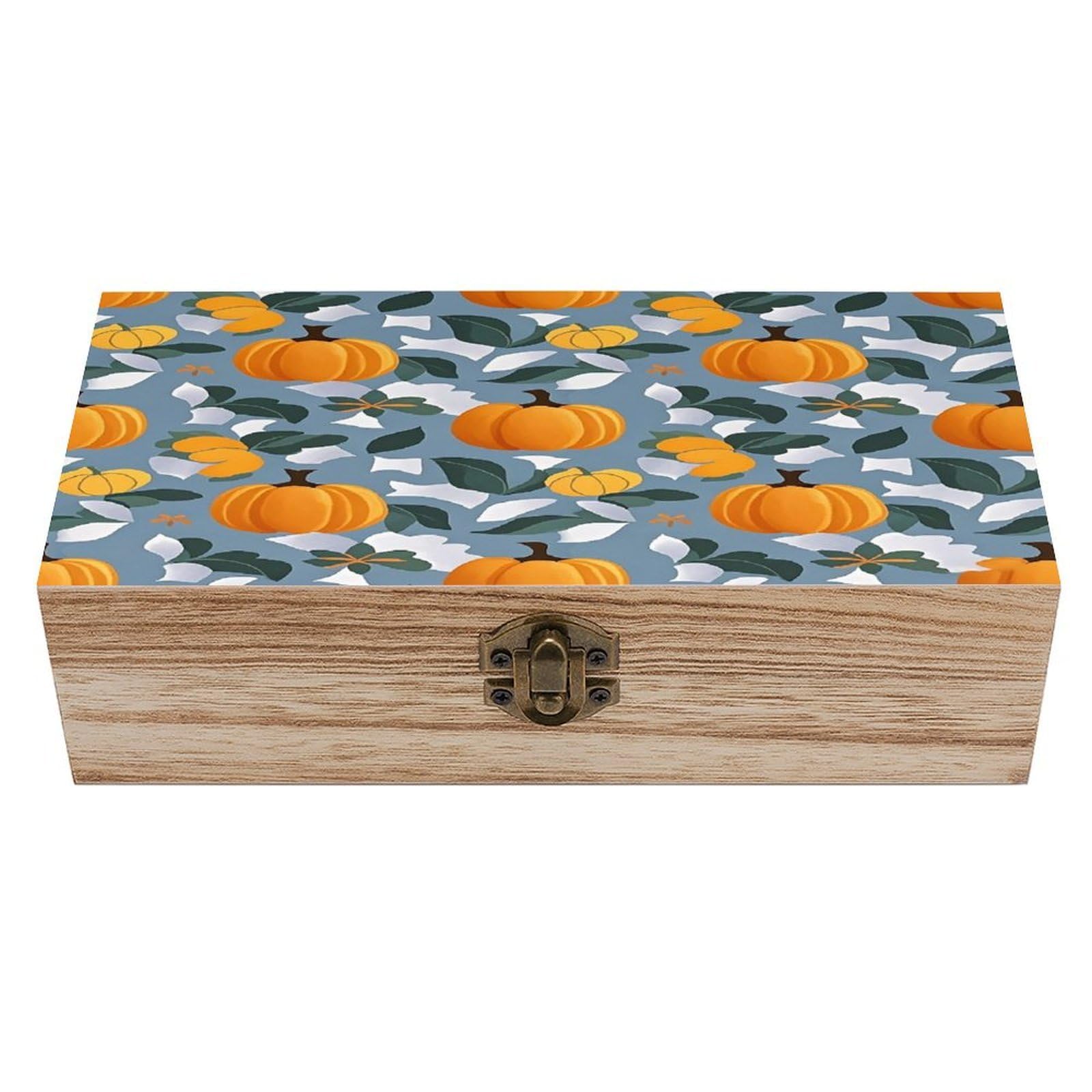 VstaDank Orange Pumpkin Pattern Wooden Storage Box Decorative Jewelry Case with Lids Exquisite Wood Box Letters Gifts Acacia Wood Boxes Fashion Wooden Keepsake Boxes for Men Women