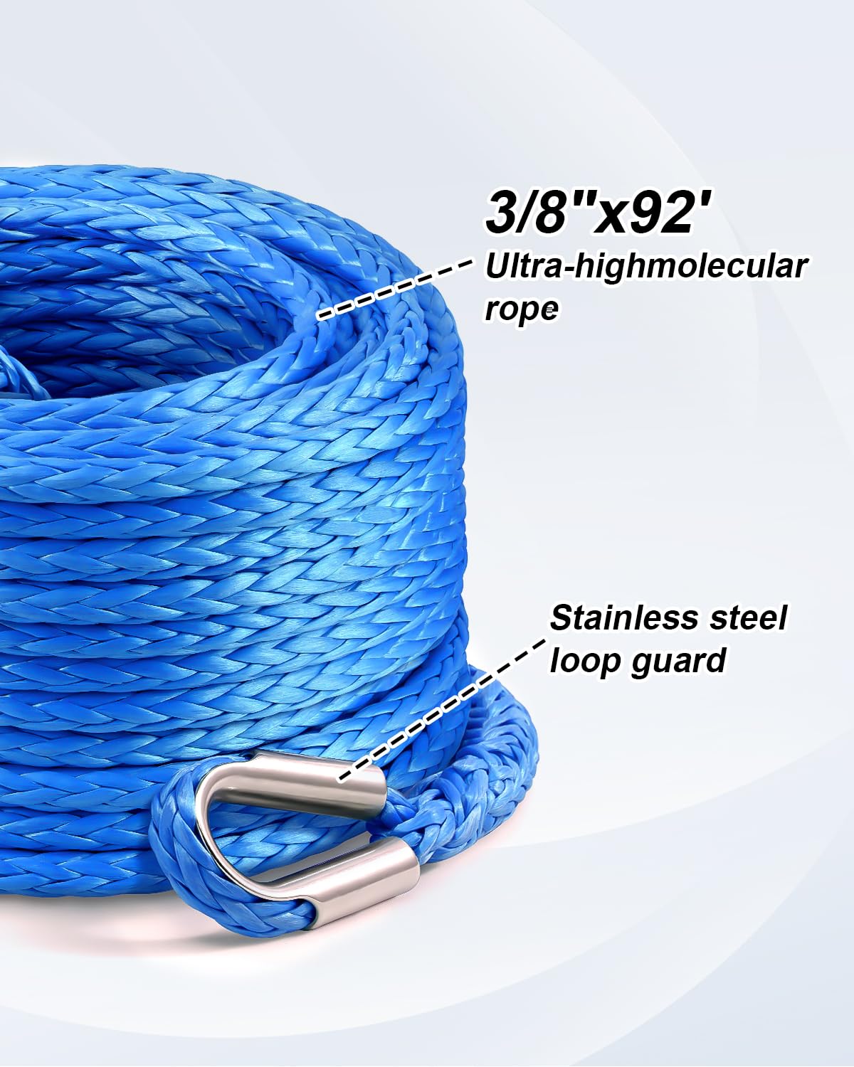 Kolvoii Extensión de cuerda de cabrestante de 3/8 pulgadas x 92 pies, 26.4 libras, línea de cable de extensión sintética para vehículos todoterreno, ATV, UTV, camión, etc. (azul)