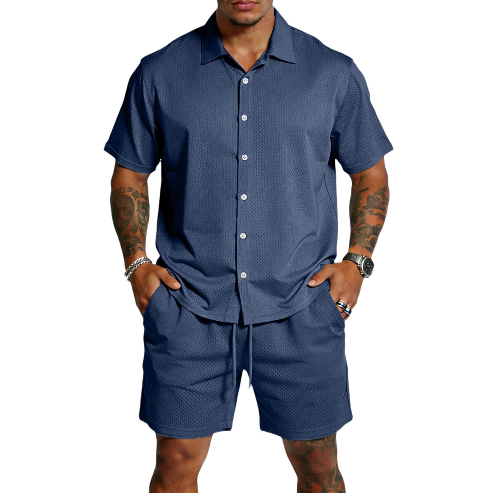 Ensemble Homme Ete Chic, SurvêTements Homme Short en Maille à Manches Courtes Ensemble Deux PièCes DéContracté pour La Plage en éTé
