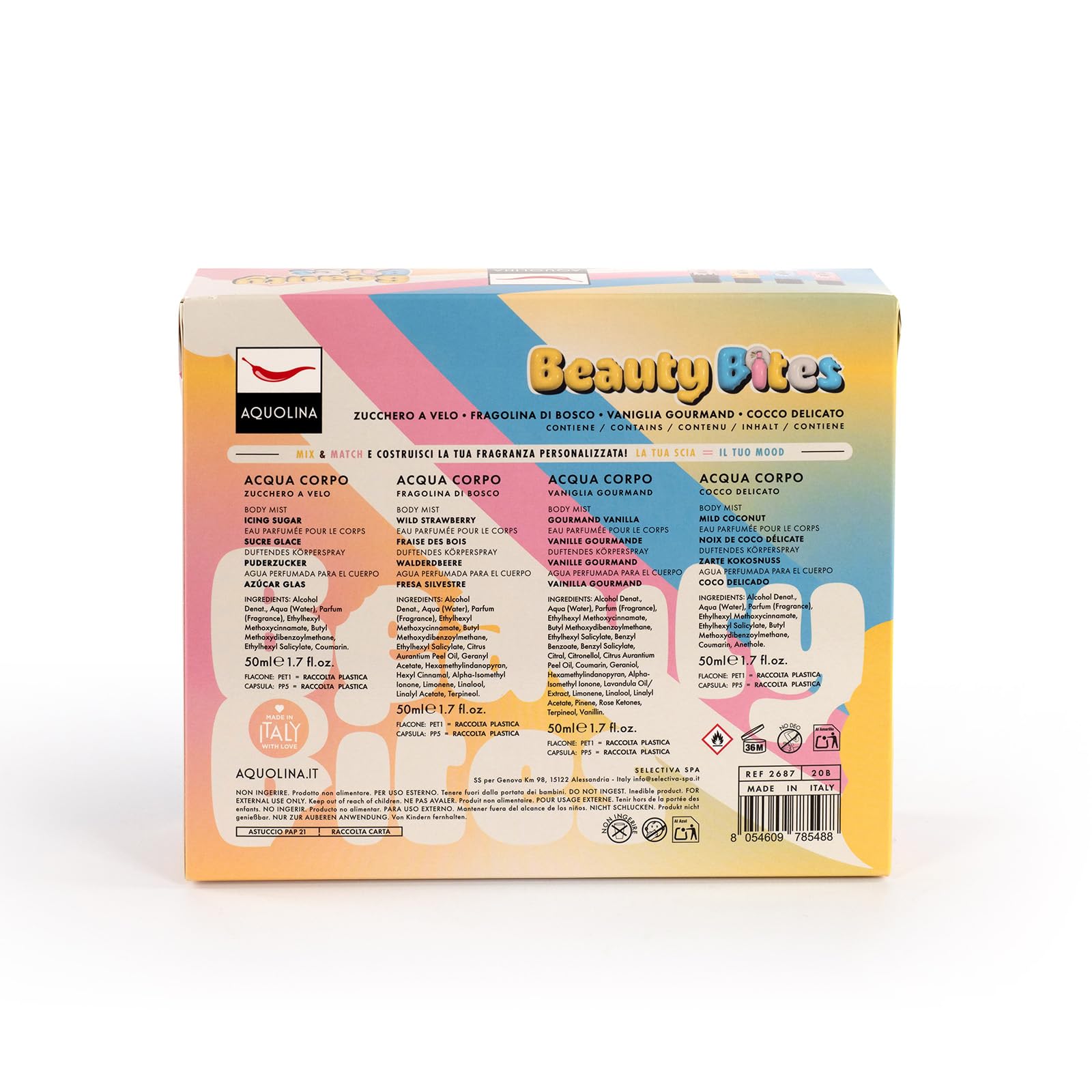 AQUOLINA BEAUTY BITES - Acqua profumata corpo Zucchero a Velo, Fragolina di Bosco, Vaniglia Gourmand, Cocco Delicato. Formato 50 ml