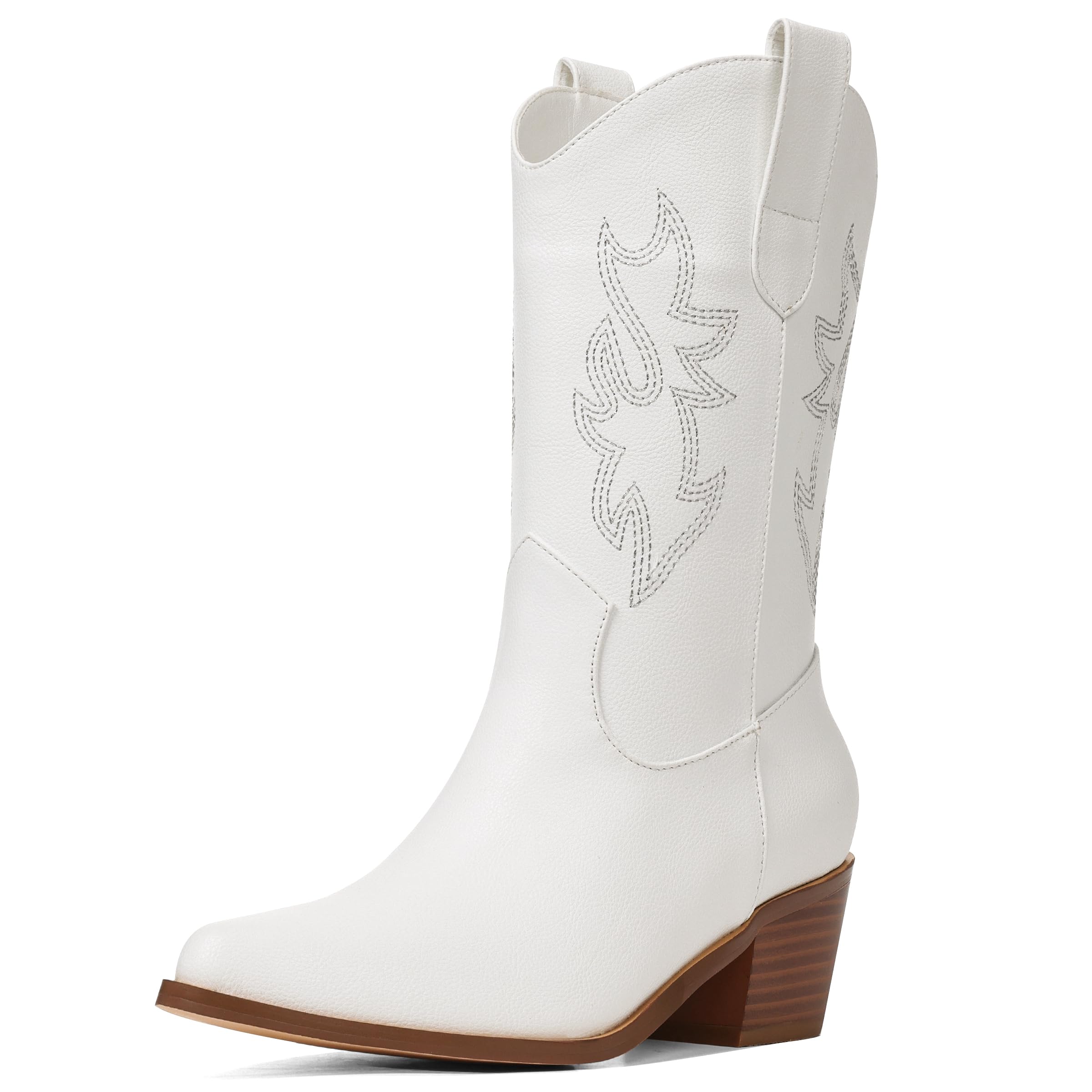 VIMISAOI Womens Cowboy Boots Comfortable Retro Pull On Pointed Toe Wide Calf Long Tall Block Chunky Heel Embroidered Western Cowgirl Mid Calf Boots