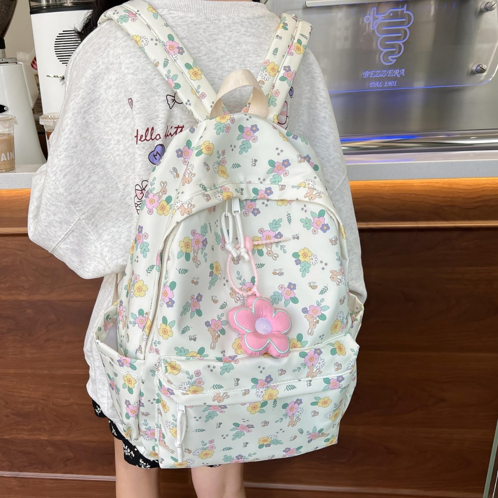 Zaino Fresco Florale Stampa Zaino, Borsa A Spalla di Viaggio Scolastico Casual Grande capacità per Ragazze E Donne-Green with Pendant