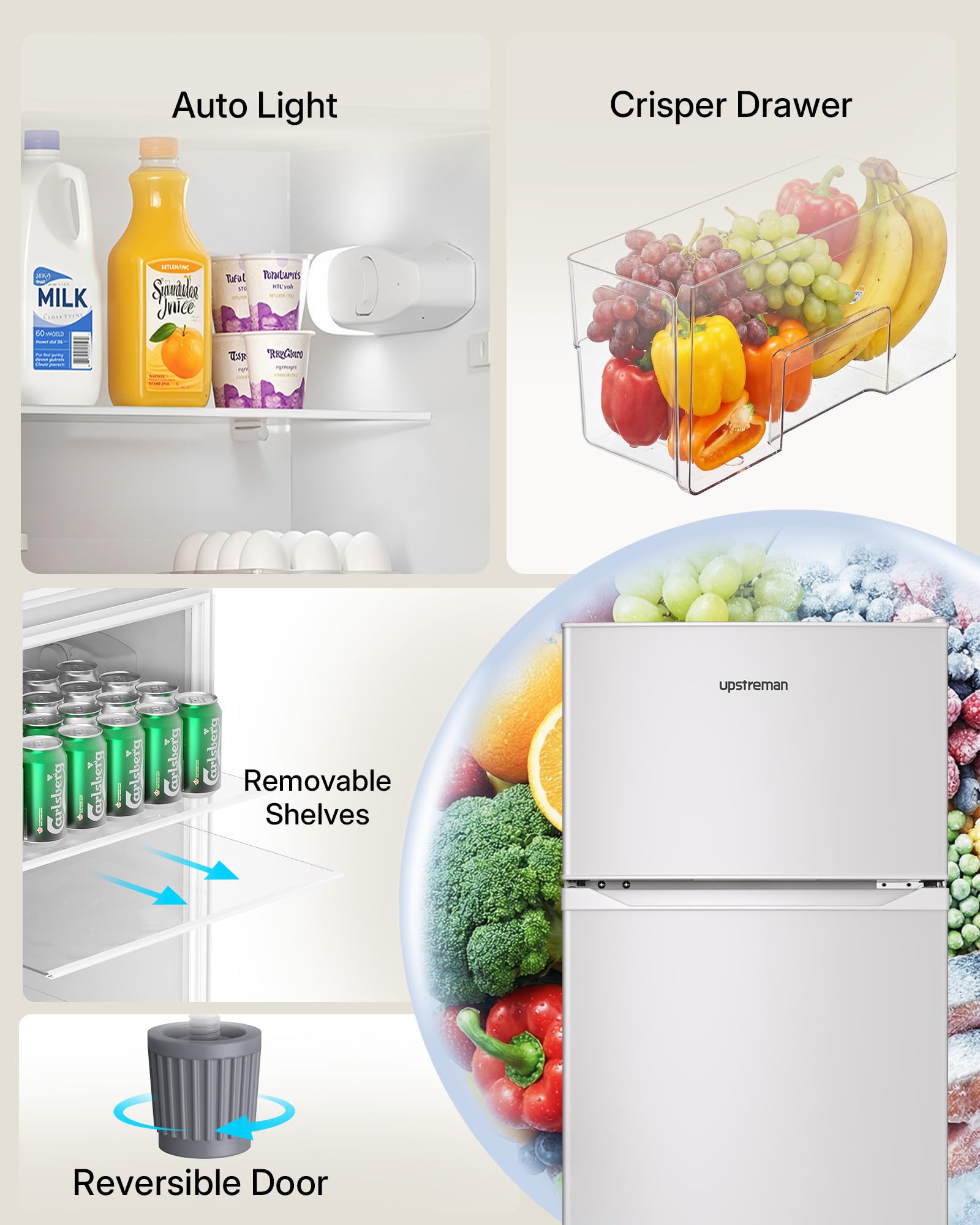 Upstreman 7.7 Cu Ft White Large Capacity Refrigerator With Freezer, Energy Efficient Compact Refrigerator, Adjustable Thermostat & Reversible Door For Apartment, Dorm, Office, Kitchen，White (Bd-75) on Fridge.com - View 6