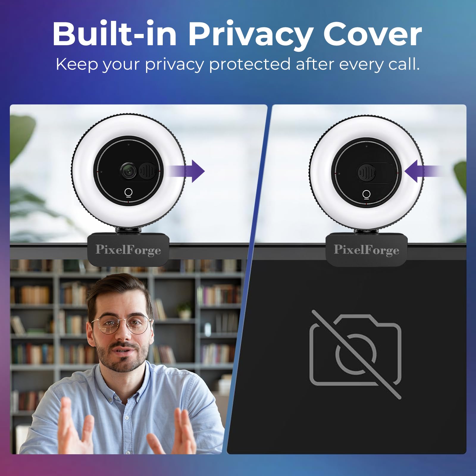 2K Webcam für PC mit Mikrofon & Licht & Privatsphäre Abdeckung, Webkamera für Desktop Computer/Laptop/Monitor/Mac, USB Streaming Kamera für Zoom/Skype/Teams/Videoanrufe/Studieren und | Einstellbares Ringlicht, Autofokus, rauschreduzierendes Mikrofon, USB-