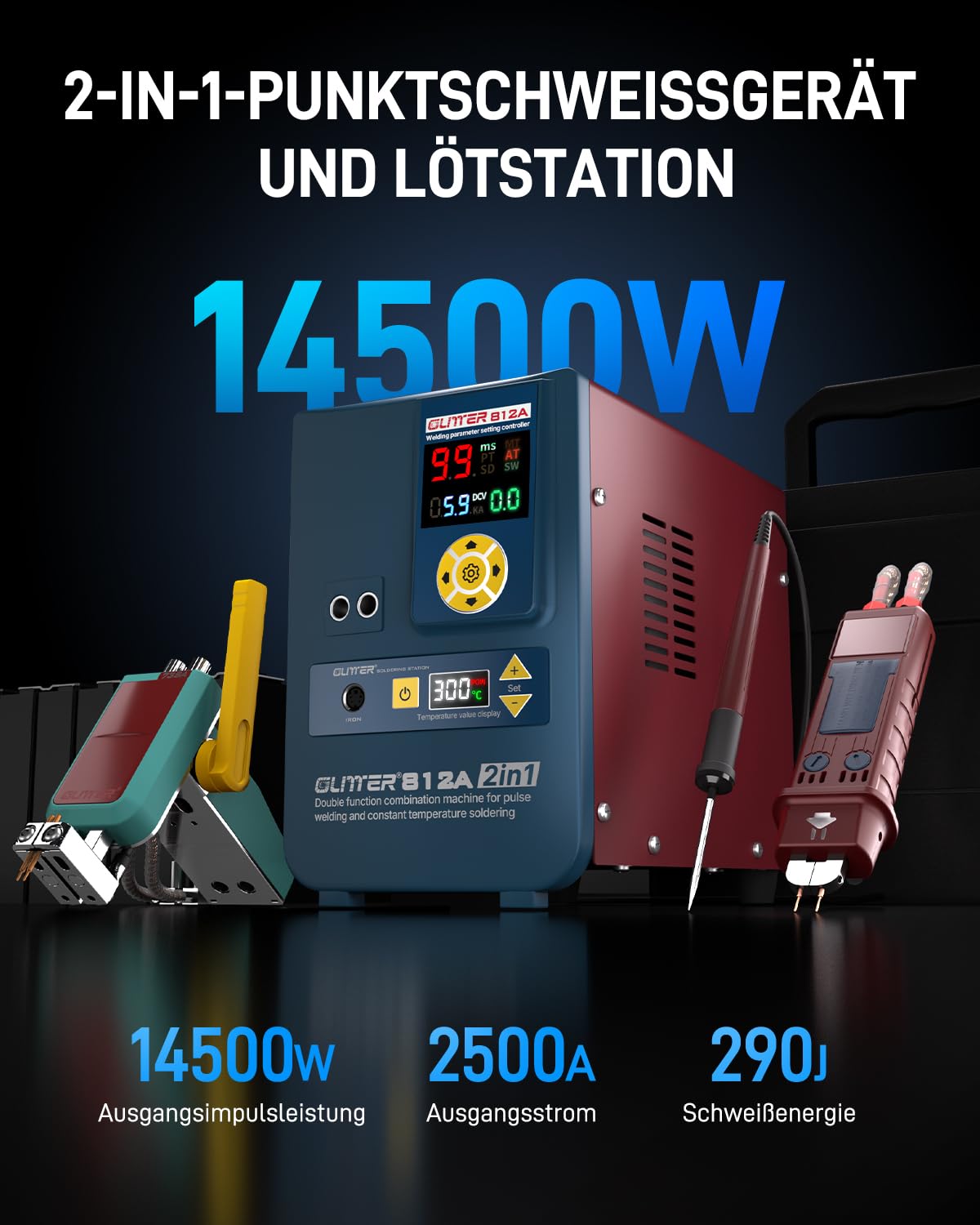 GLITTER 812A 2-in-1 Batterie-Punktschweißgerät und Lötstation, 14500W, 2500A, mit AT/MT-Modus, Schwenkarm und Fußpedal, für LiFePO4 LFP Lithium-Batterien