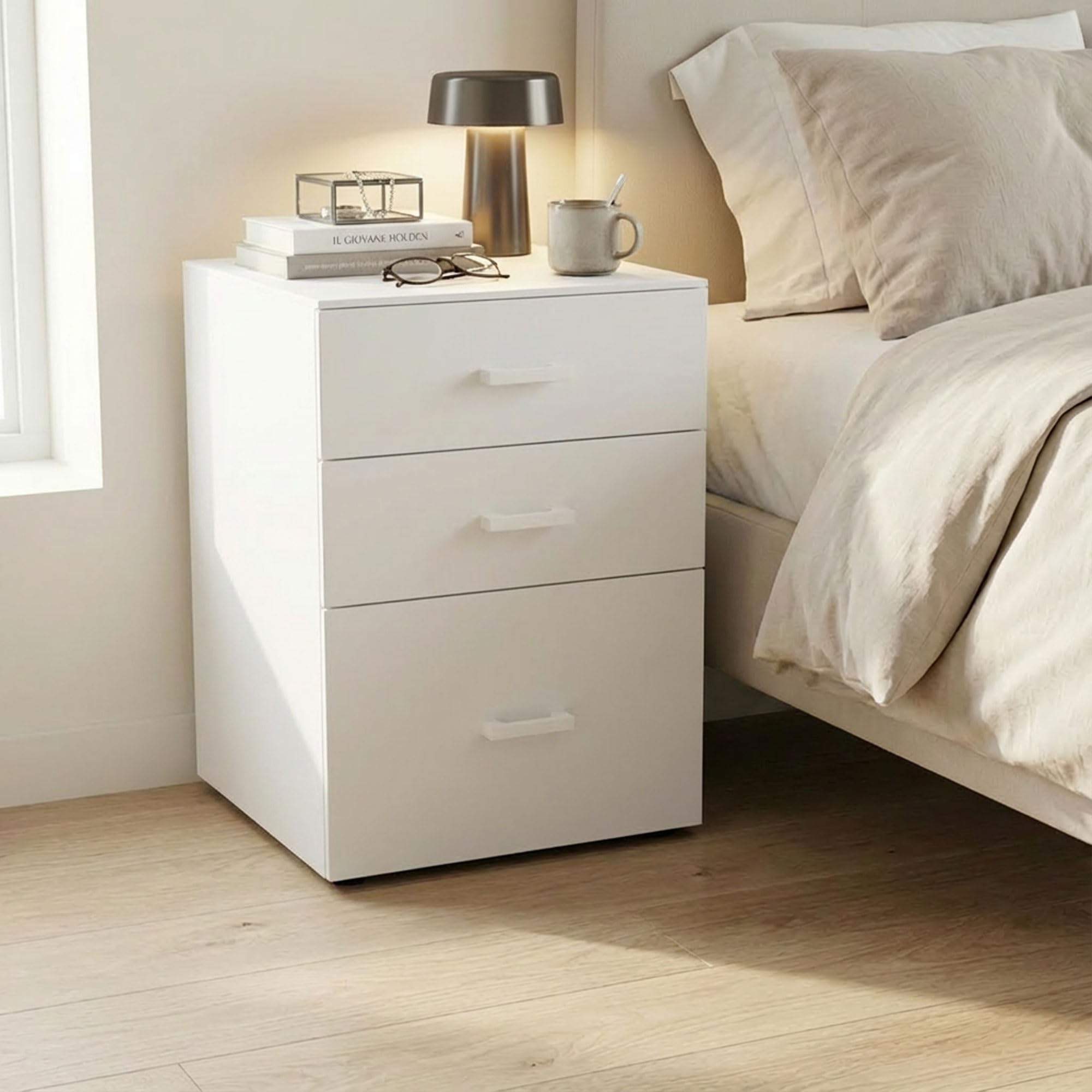 Frankystar Lyra - Cassettiera Porta Stampante 3 Cassetti da Ufficio con Ruote in Legno MDF Bianco