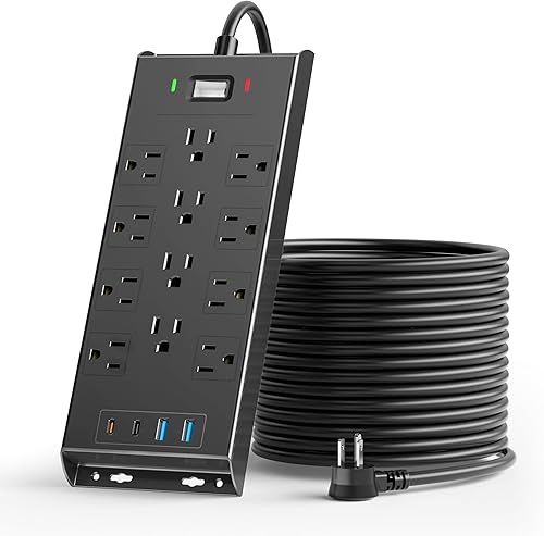 LeZone - Protector de sobretensiones 4800J, cable de extensión de 10 pies, enchufe plano, 12 tomas, 2 puertos USB C, 2 puertos USB, montaje en