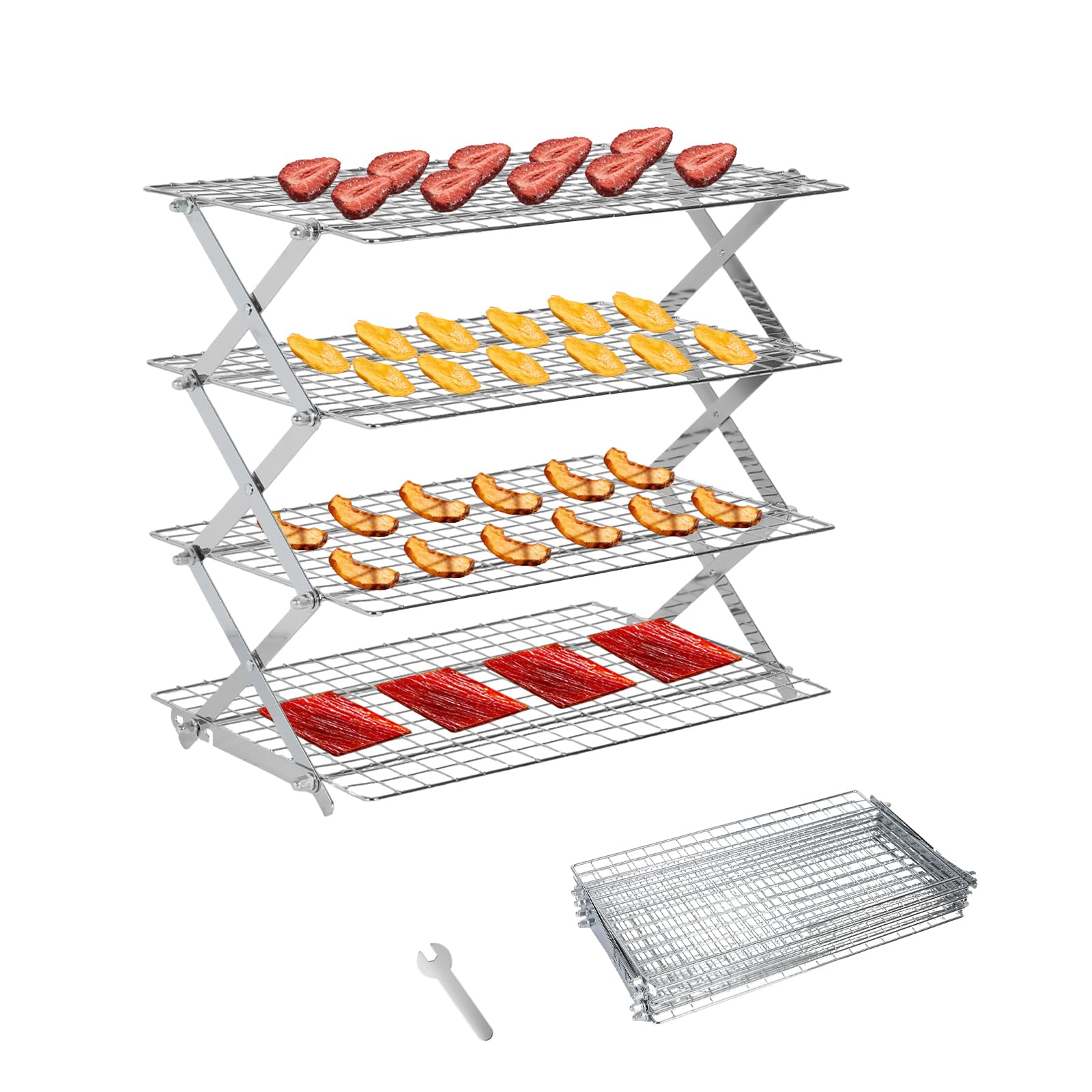 Rejilla de refrigeración plegable de 40 x 25 cm, base de banco ajustable de acero inoxidable, estructura en forma de X, rejilla de refrigeración para cocinar y hornear, apta para lavavajillas