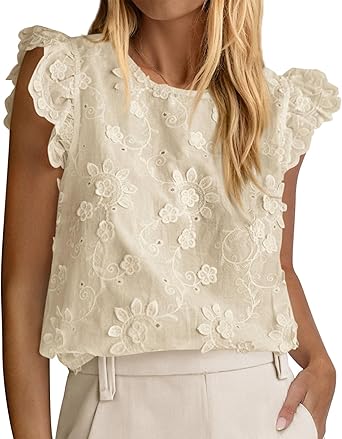 KIRUNDO Blouses for Women Dressy Casual Lace Ruffle Cap Sleeve Tops 2026 Summer Eyelet Floral Embroidered Cute Boho Shirts