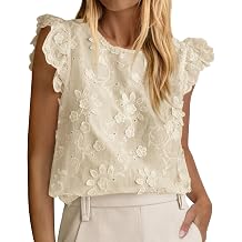 KIRUNDO Blouses for Women Dressy Casual Lace Ruffle Cap Sleeve Tops 2026 Summer Eyelet Floral Embroidered Cute Boho Shirts