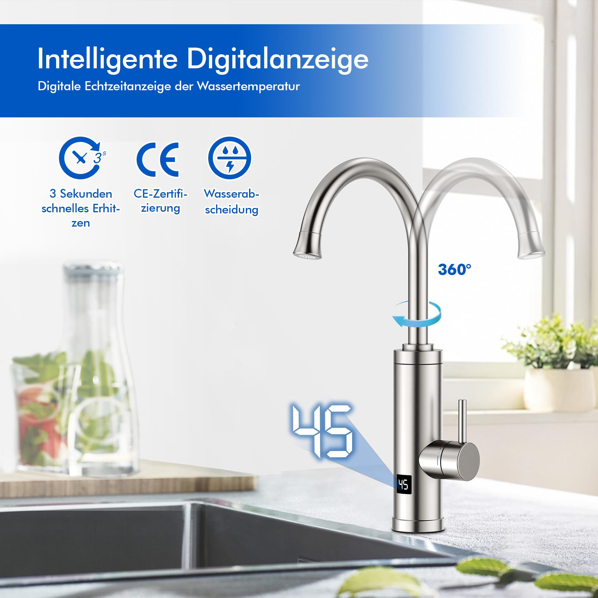 HOMELODY Wasserhahn mit Durchlauferhitzer 230V, GS-Zertifizierung Elektrischer Wasserhahn Sofort Heißes Küchenarmatur mit LED-Display, Anti-Spritz Edelstahl Küchenarmatur, Durchlauferhitzer Küche