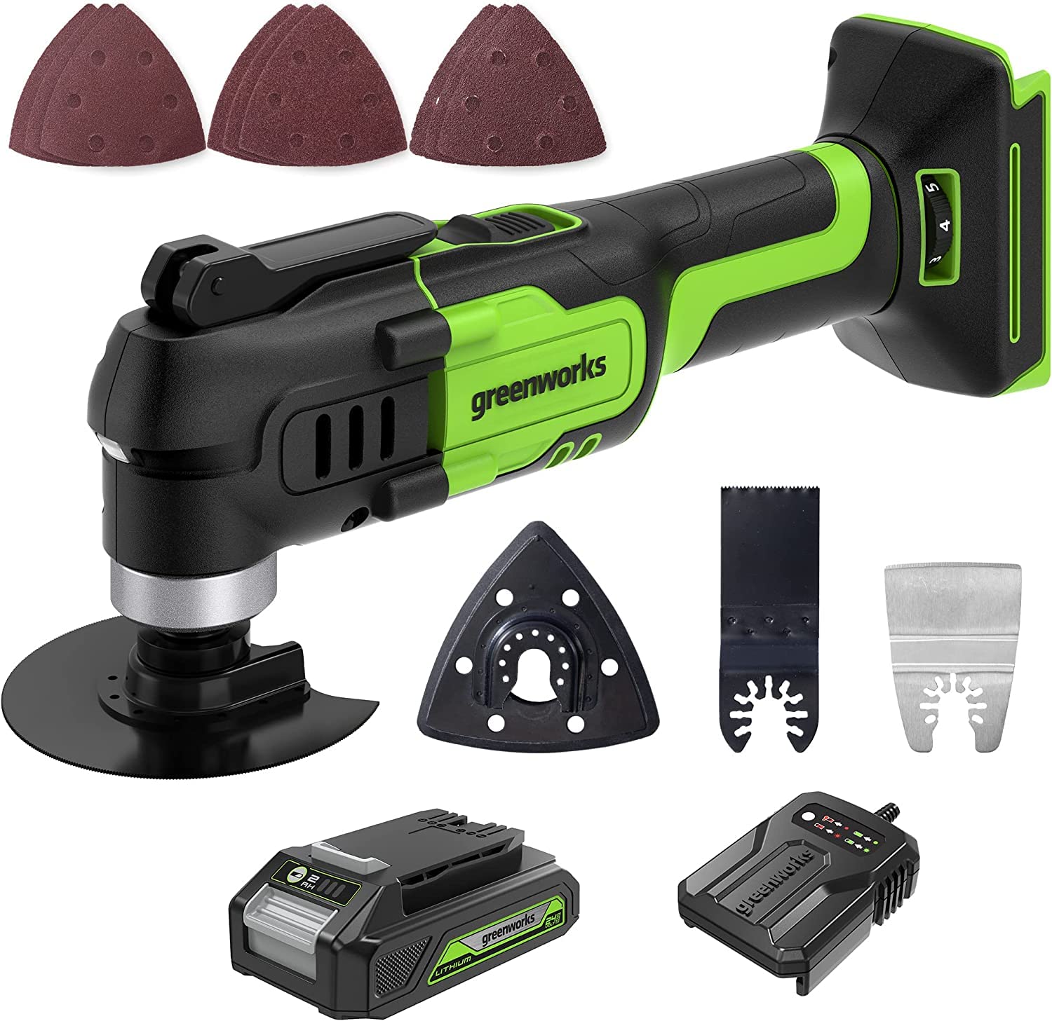 Greenworks 24V Multifunktionswerkzeug 18000 Schwingungen pro Minute 3° Oszillationsbogen variable Geschwindigkeit Exklusiv bei Amazon mit 2Ah Akku