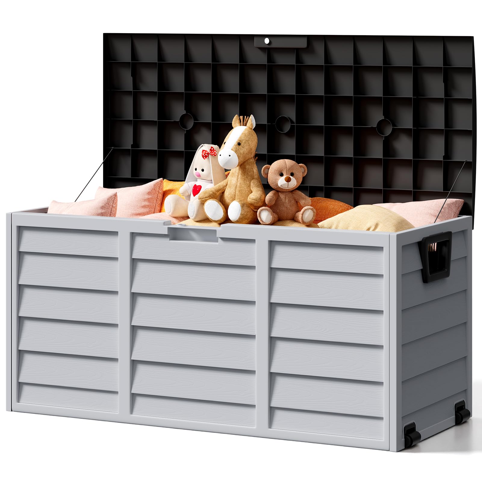 The Fellie Garden Storage Box with Wheels, 290L Lockable Garden Storage Boxes Waterproof, Plastic Outside Storage Box for Gardening Tools, Cushions, Toys, 112x49x54cm, Dark Grey