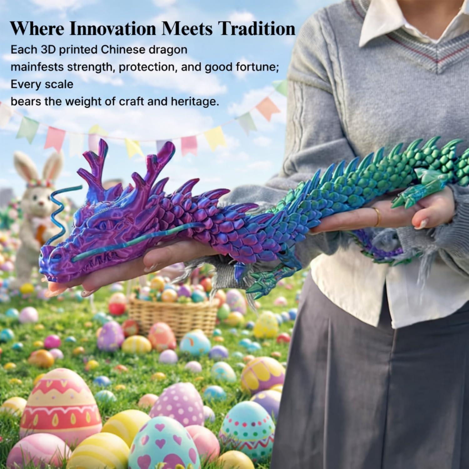 35.4'' Extra Large 3D Printed Dragon Toy, Fully Articulated Giant Chinese Dragon Fidget, Collectible Office Desk Decor, Surprise Stress Relief Gifts for Kids & Adults (Green Gradient)