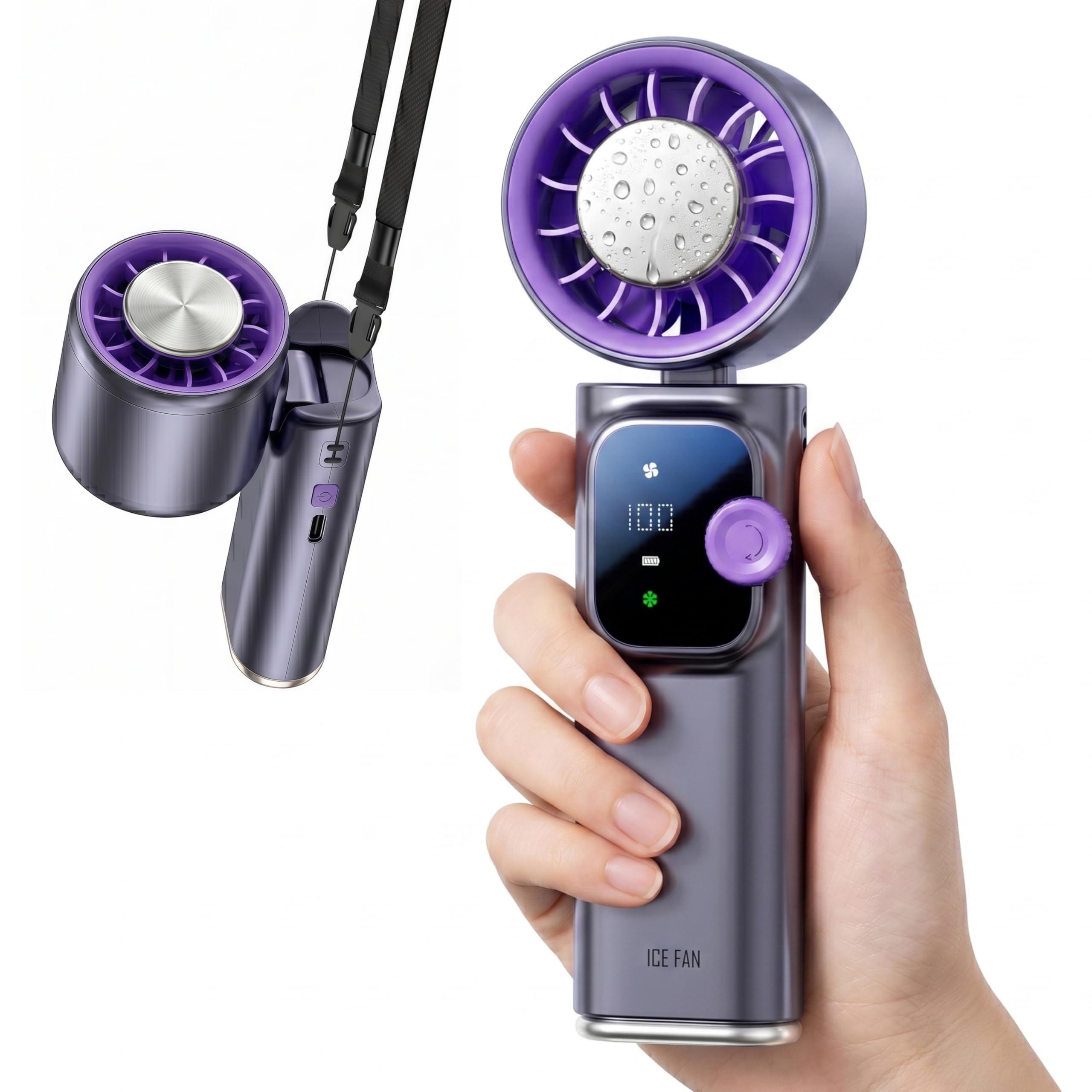 【2026進化・携帯扇風機】Zyrvox ハンディファン 冷却プレート 手持ち扇風機 -20℃瞬間冷却 8000mAh大容量 199段無段階風量調節 30時間長時間駆動 Type-C急速充電 軽量230g 首掛け・卓上・カラビナ対応