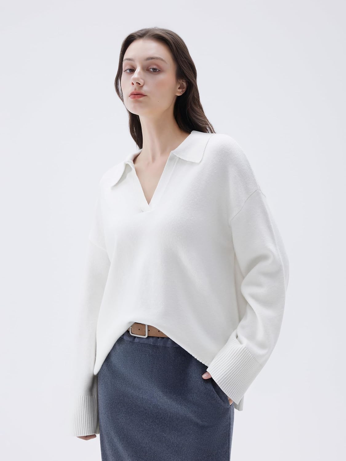 SUUKSESS Women Cashmere Oversized V Neck Pullover Sweaters Long Sleeve Collared Knit Jumper Tops - Image 2