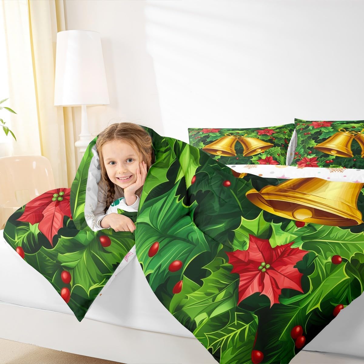 Erosebridal Gold Bell Comforter Set Queen Size Holly Berries Bedding Set for Kids Boys Girls Plants Green Leaves Xmas Comforter Merry Christmas Red Quilt Bedroom Decor