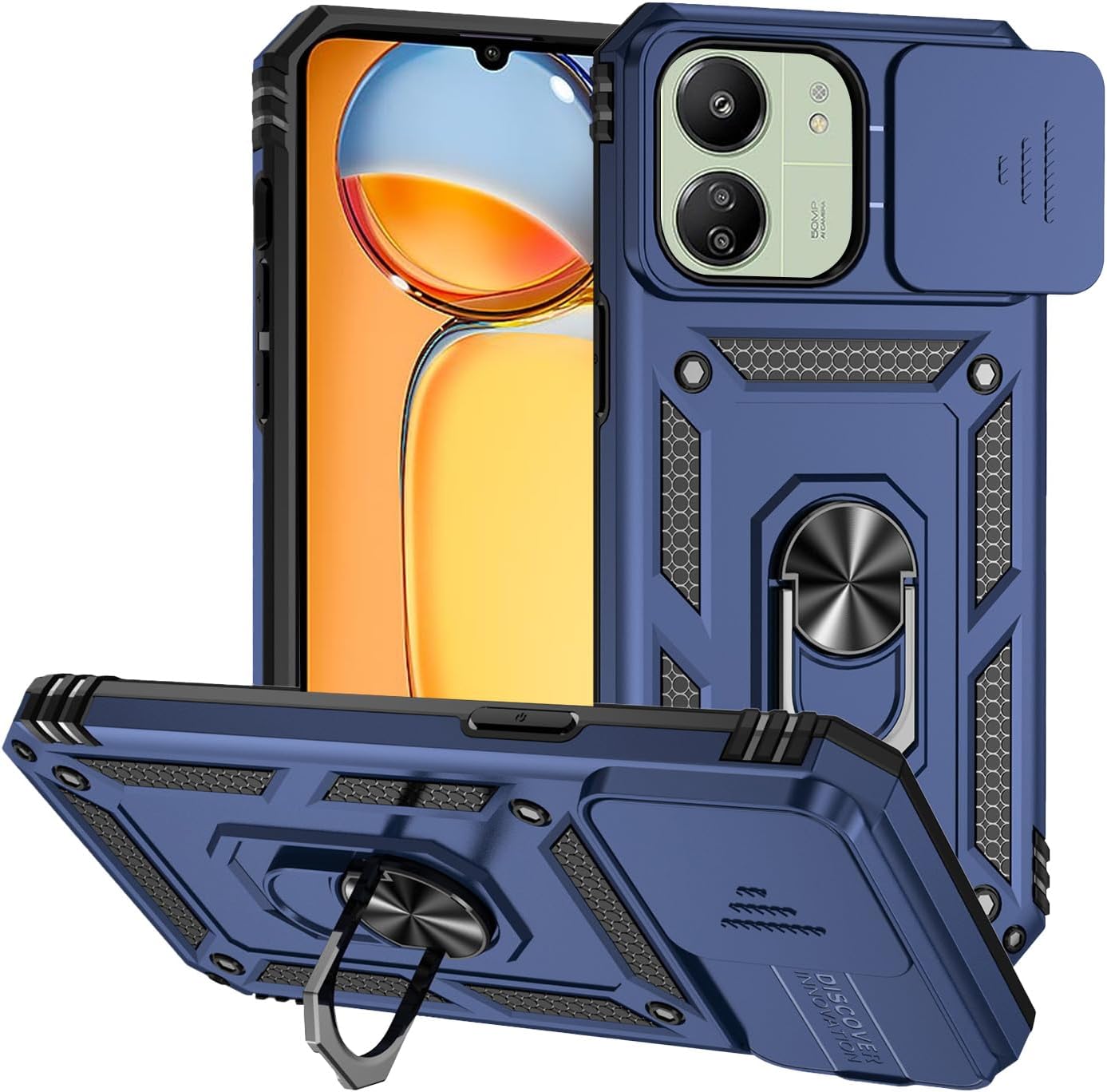 T Tersely for Xiaomi Redmi 13C Case with Camera Cover and Stand Kickstand Ring Military Grade Shockproof Protective Cover Back Wtih Car Magnetic Mount (Blue)