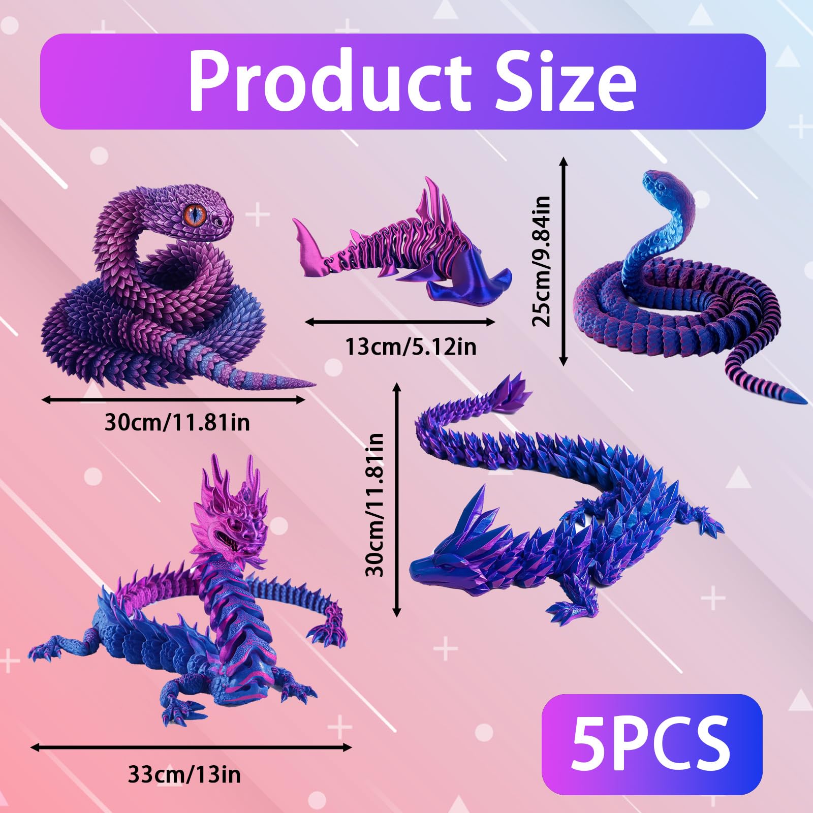 5PCS 3D Printed Animals, Shark Skeleton Viper Chinese Dragon Cobra Set - Image 2