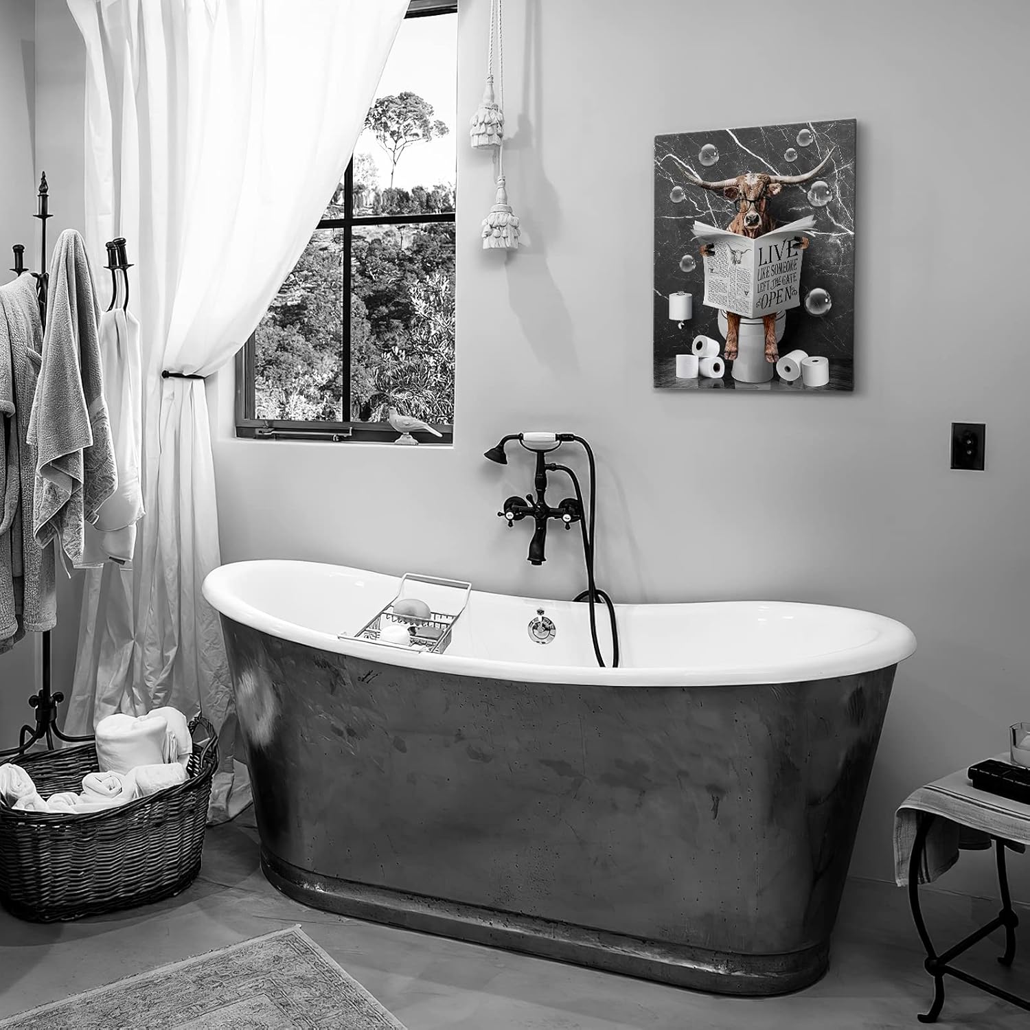 Kasluolo Texas Longhorn Cow Bathroom Wall Art Funny Highland Cow in Toilet Bathroom Picture Print Painting Wall Décor for Bathroom Toilet Framed Artwork 12x16 inch