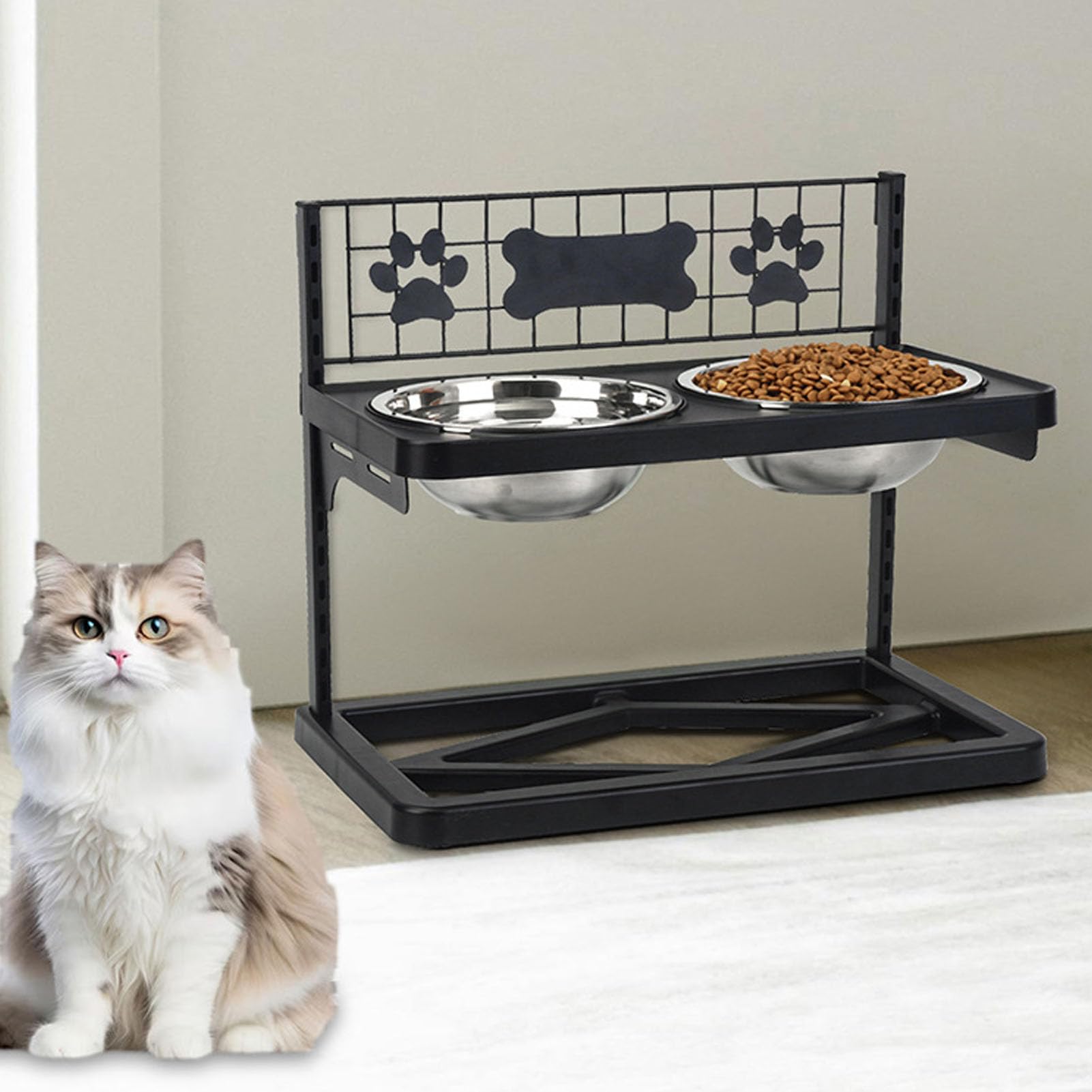 Yctze Soporte Elevado para Comederos de Perros con Altura Ajustable, Soporte Elevado con 2 Cuencos de Acero Inoxidable, Hierro Resistente a la Corrosión, Doble Desmontable