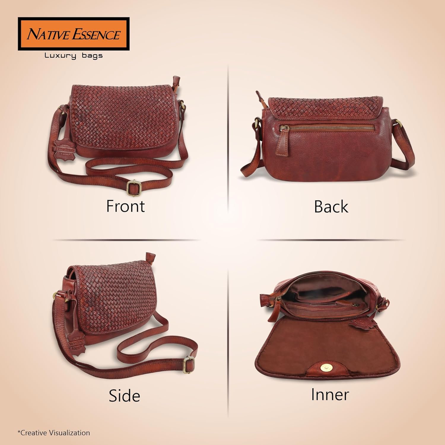 Hand Woven Leather Sling Bag for Women vintage Brown Saddle purse Small, size, Multi Pocket, Shoulder and Crossbody Sling with Adjustable Strap. Artisan crafted, Trendy, light, Stylish, Soft, Gift | Unique Square weaved