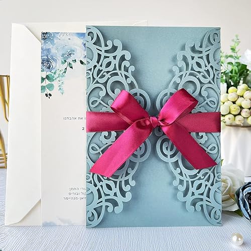 Miniatura 3 de KUCHYNEE 50 tarjetas de invitación de boda personalizadas en blanco azul polvoriento con cintas burdeos de 5 x 7.3 pulgadas, invitaciones de flora