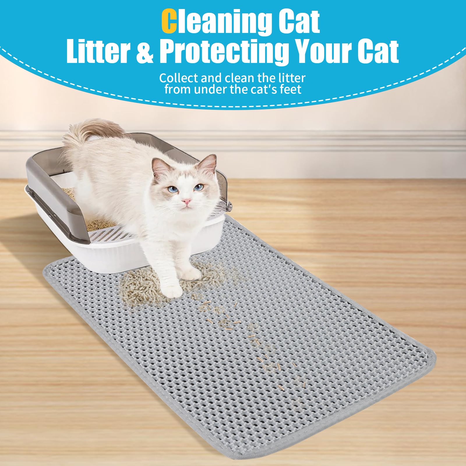 Cat Litter Mat, Kitty Litter Collector, Double Layered Honeycomb Design Waterproof, Anti Urine, Anti Slip, Easy to Clean, Limit Garbage (30"x24", Grey) - image 4