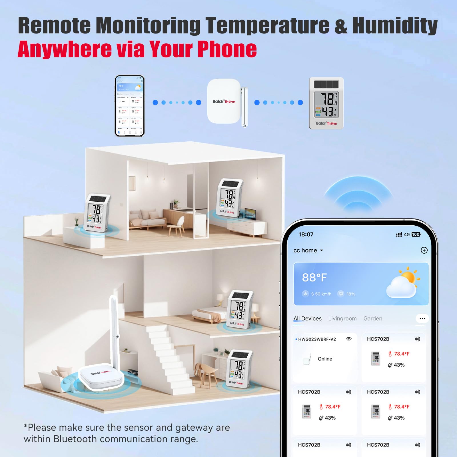 BaldrTherm Termometro WiFi, termometro intelligente wireless, monitor della temperatura a distanza con gateway e sensore solare, copertura di 60 m, avvisi app, batteria di 12 mesi, indicatore di