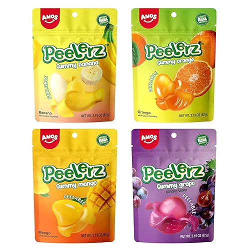 AMOS Peelerz Gummy Variety Pack – 4 Individual Packs in Mango, Orange, Grape & Banana Flavors Treats - Mixed-Fruit 4 Pack