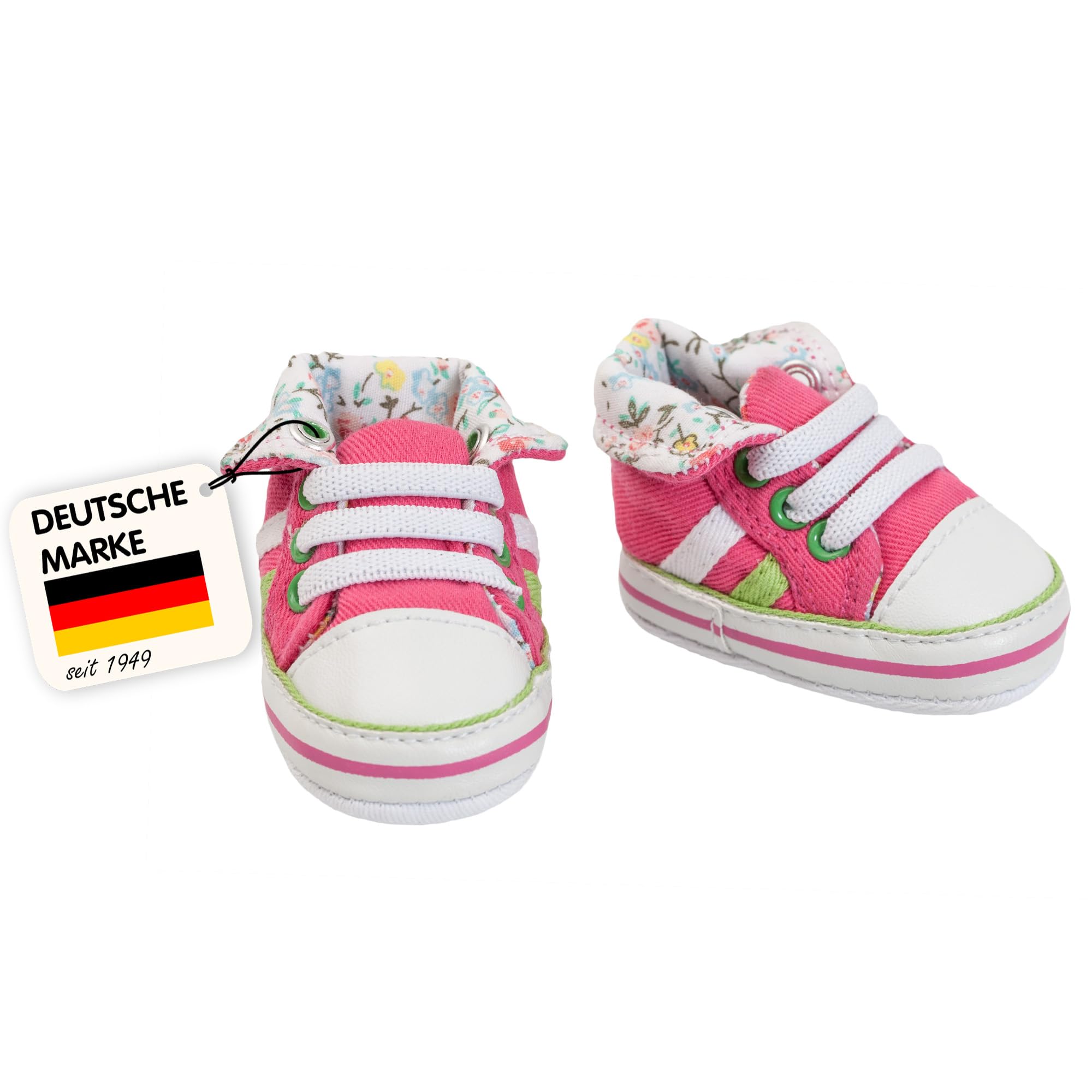 Heless 446 - Puppen Sneaker in Pink, Grün und Weiß, mit Blumen-Innenfutter, für Puppen der Größe 38-45 cm, Sohlen-Maß: 7 x 4 cm