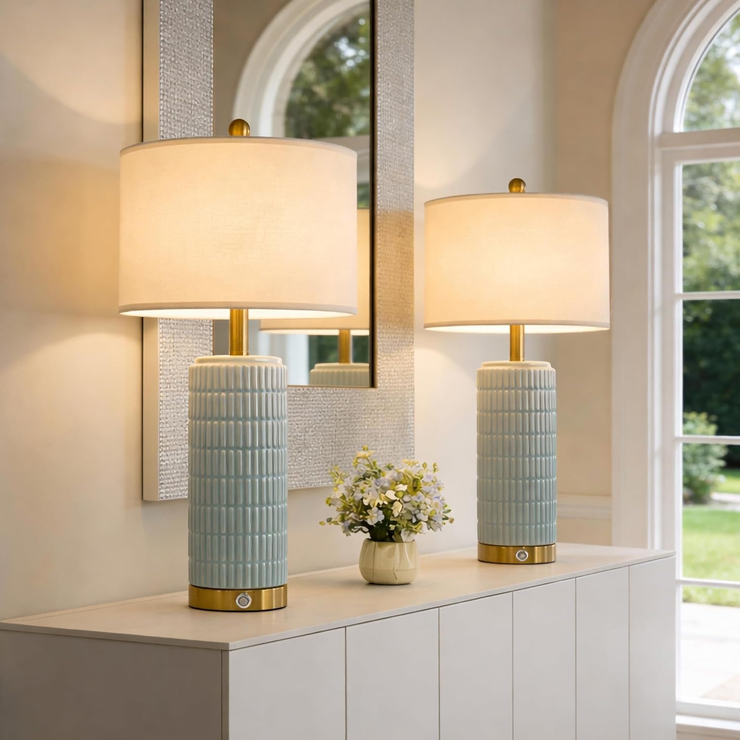 PoKat 25'' Bedside Table Lamps Set of 2 for Living Room, 3-Way Dimmable Touch Lamps for Bedroom, Modern Lamps for Nightstand with USB Ports, Coastal Blue Lamp for Office Sideboard (Bulbs Included)