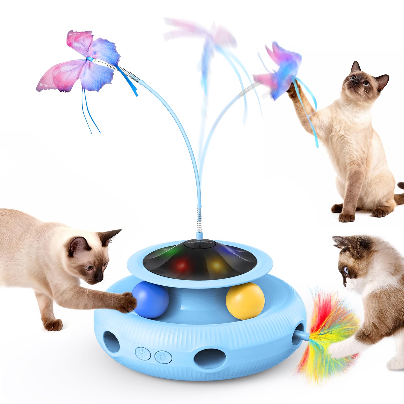 Jouet interactif pour chat : jouet automatique 4 en 1 pour chat d'intérieur, jouet électrique avec batterie rechargeable, jouet pour chaton avec papillon flottant, balle de piste et paquet de plumes