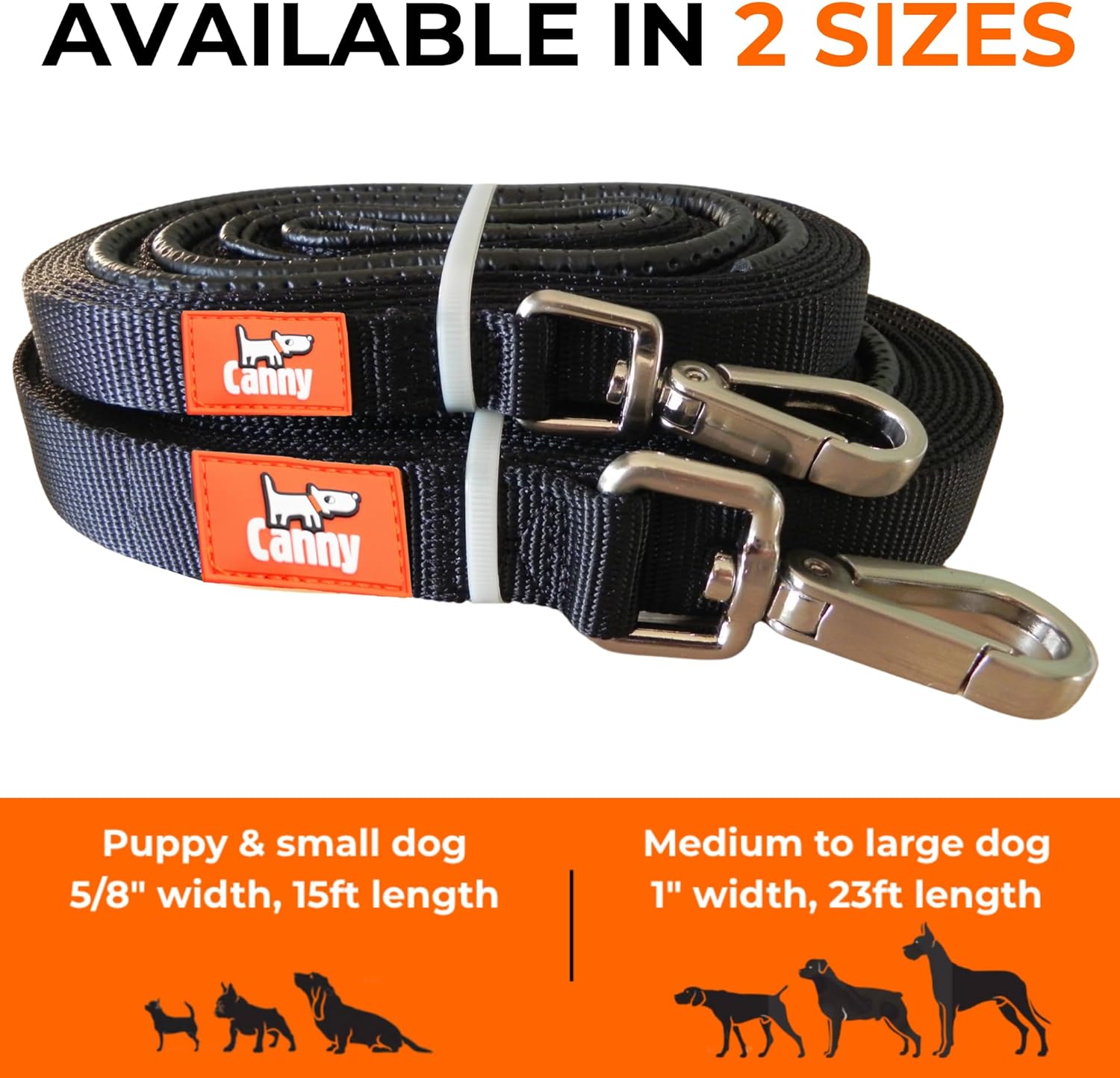 Canny Recall Dog Training Lead | Heavy Duty Extra Long Lead for Training Dogs & Puppies in Park or Yard | Train Your Dog to Come When Called | 23ft & 15ft, Black
