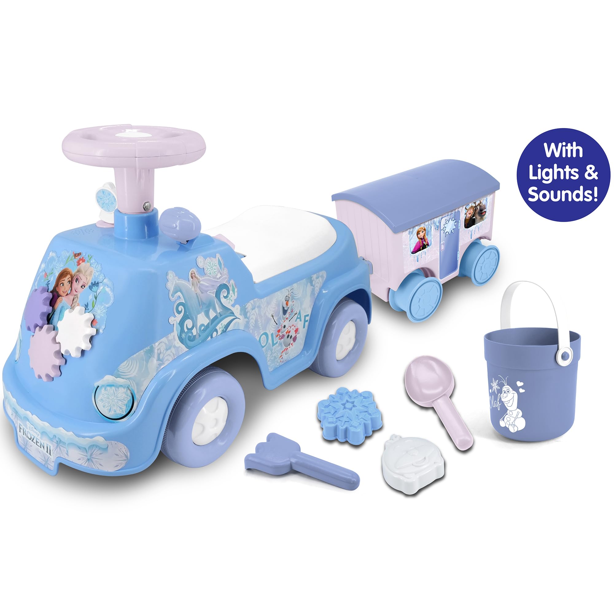 Kiddieland: Lights N' Sounds Camper & Trailer - Frozen - Disney Fuß-zu-Boden-Ride-On, interaktives Armaturenbrett, Aufbewahrung, Strandspielzeug, Kleinkinder 12-36mo