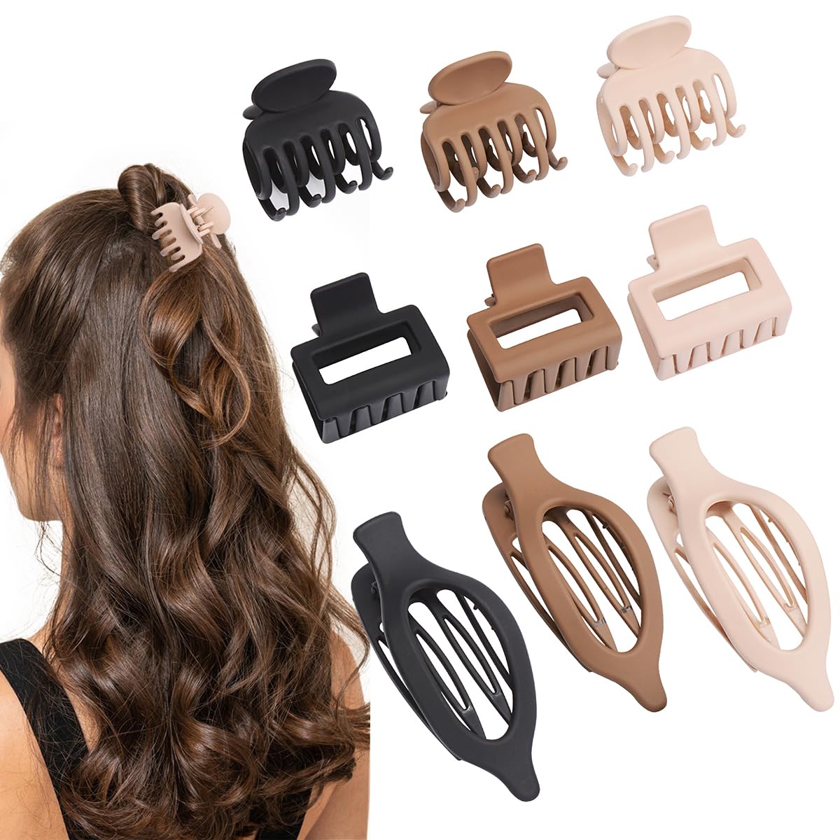 Mehayi 9 Pieces Matte Hair Clips Claw for Women/Girls — 3 Styles Nonslip Small Hold Strong Hold Cute Jaw Clip Barrettes for Thick Thin Long Short Hair — Fashion Acrylic Hair Clamps Styling Accessories (Type A)