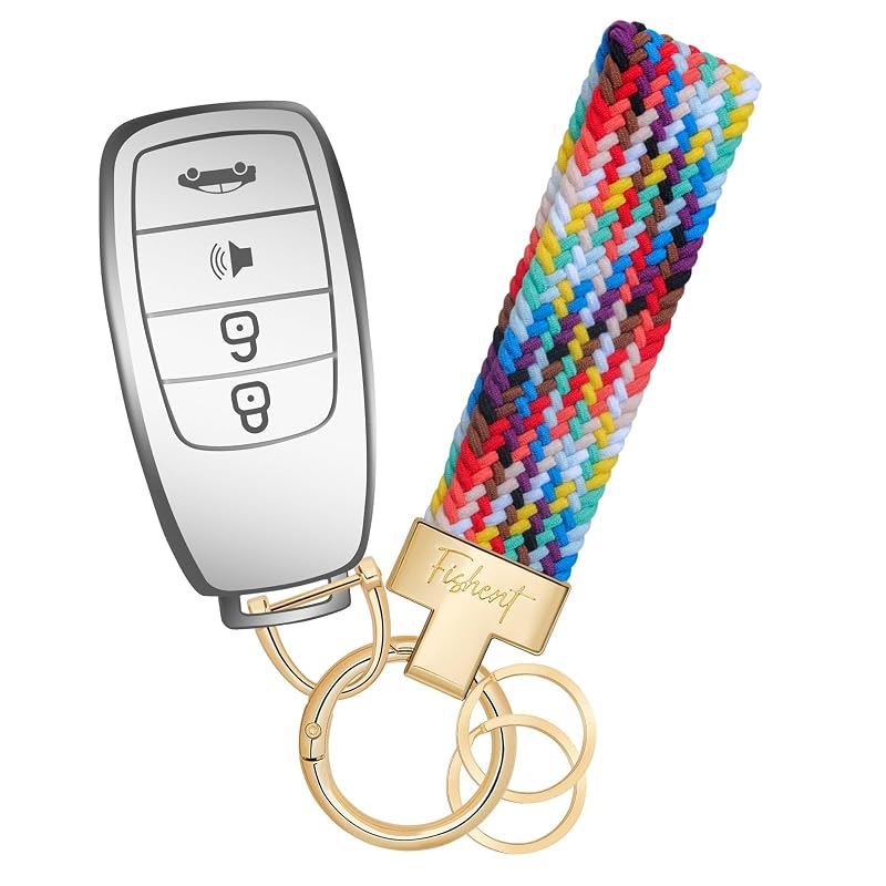 Chaveiro para carro elástico trançado Fishent com argola D, 3 argolas para chaves e mini chave de fenda, Rainbow