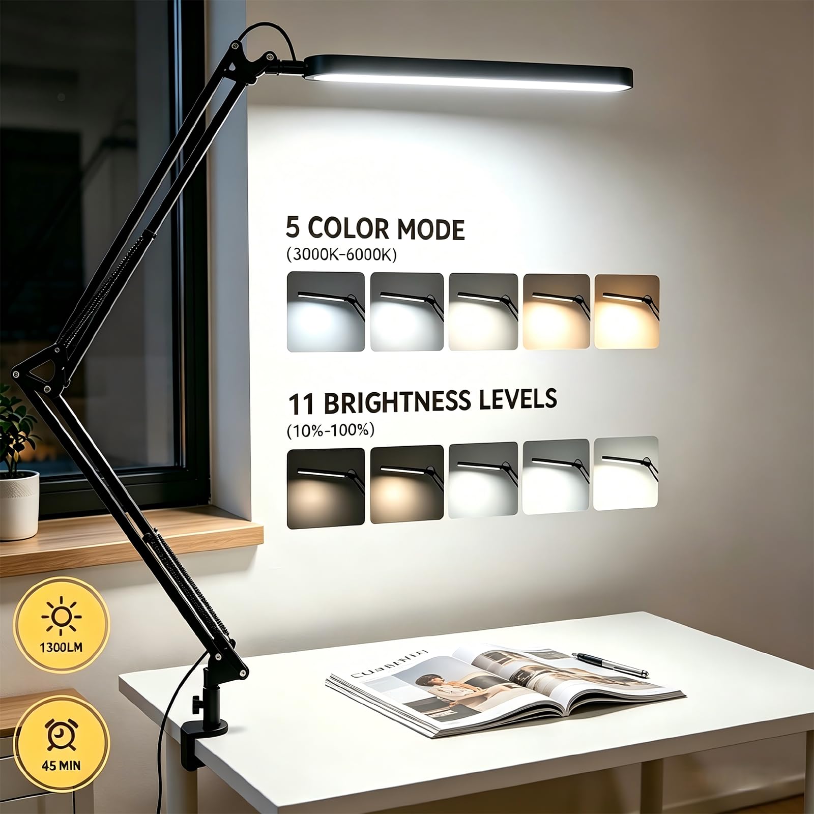 SKYLEO Bureaulamp - LED Desk Lamp - 5 kleurmodi X 11 helderheidsniveaus - Verstelbare zwenkarm - Timmer- en geheugenfunctie - 12W Studielamp - Zwart
