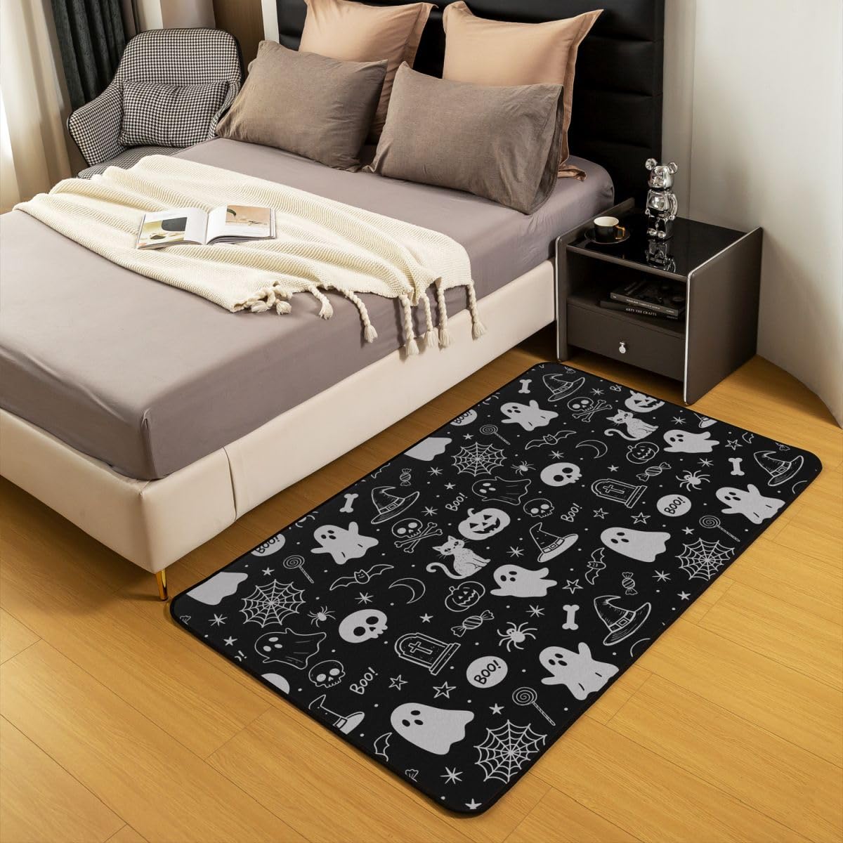 Manfei Halloween Kürbis Laterne Bereich Teppiche,Hexenhut Ghost Spider Web Rutschfester Teppich Schwarzes Fledermaus Sterne Skelett Indoor Fußbodenmatte Home Wohnzimmer Dekor,100 x 150 cm