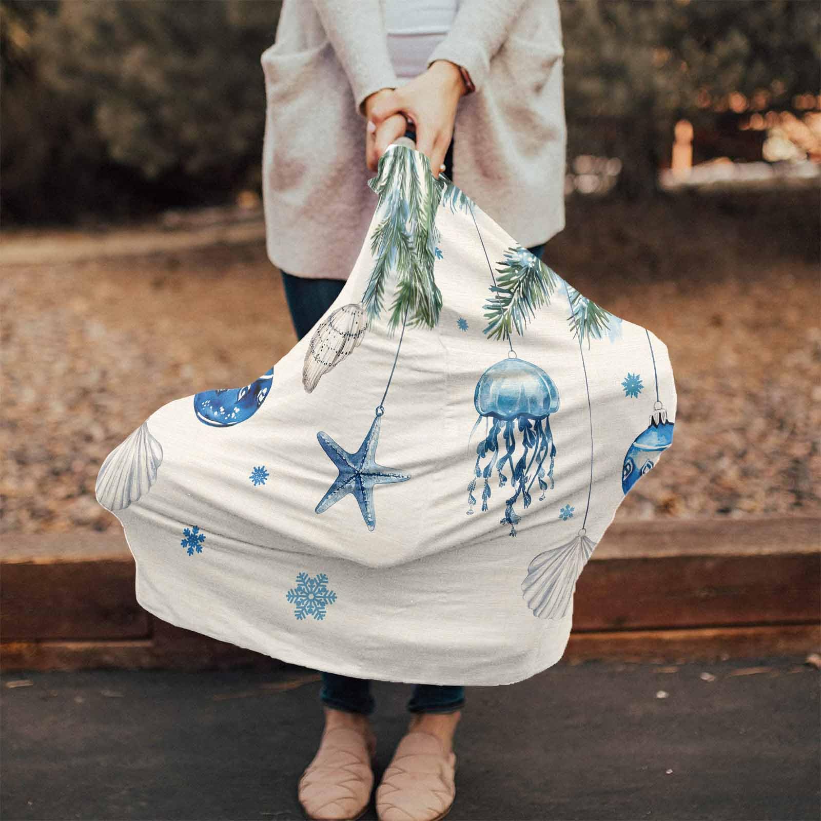 Nursing Cover for Breastfeeding Scarf, Retro Blue Starfish Shell Jellyfish Pine Needles Xmas Baby Car Covers Super Soft Multi Use for Canopy Shopping Cart Cover Blanket Stroller Cover