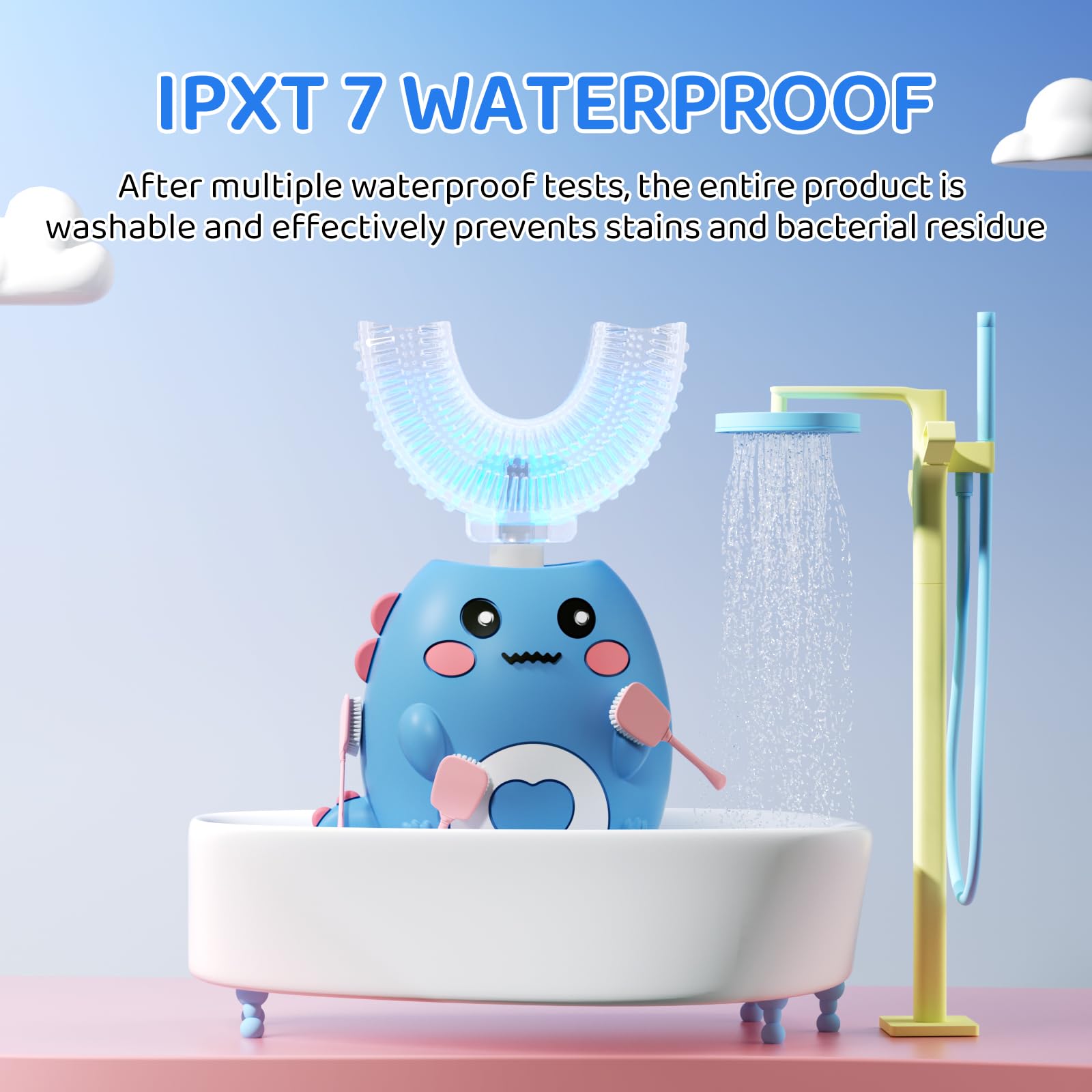 Cepillo de dientes eléctrico en forma de U para niños, con 3 modos de limpieza, con 4 cabezales de cepillo, cepillo de dientes automático sónico de 360°, IPX7 impermeable, diseño de dinosaurio de