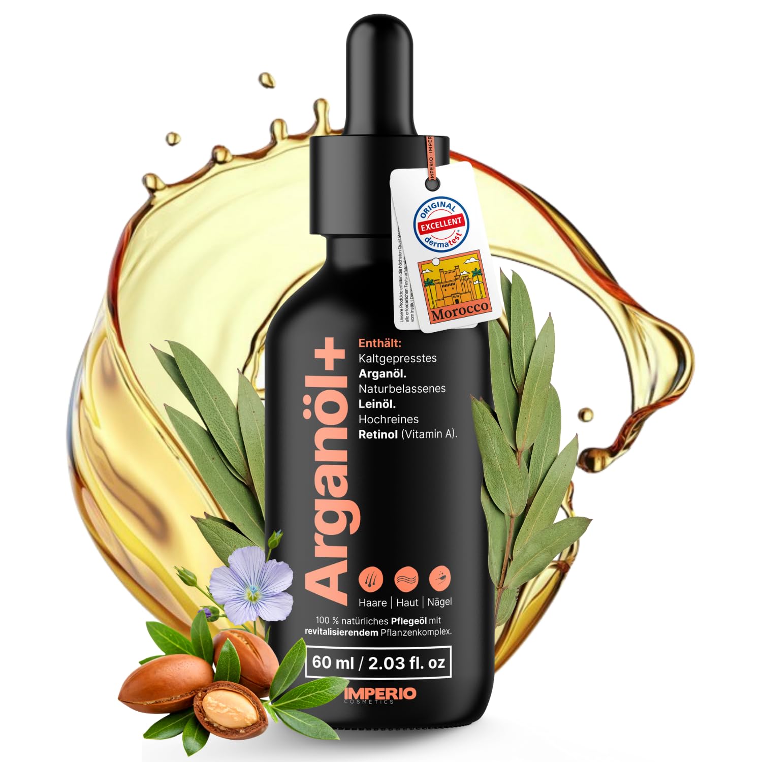 IMPERIO Arganöl kaltgepresst mit hochwertigem Retinol (Vitamin A) | 60ml | Für Haare, Haut, Nägel & gegen Falten | 100% naturreines Pflegeöl mit Leinsamen Extrakt | Marokkanisches Argan Oil (1er Pack)