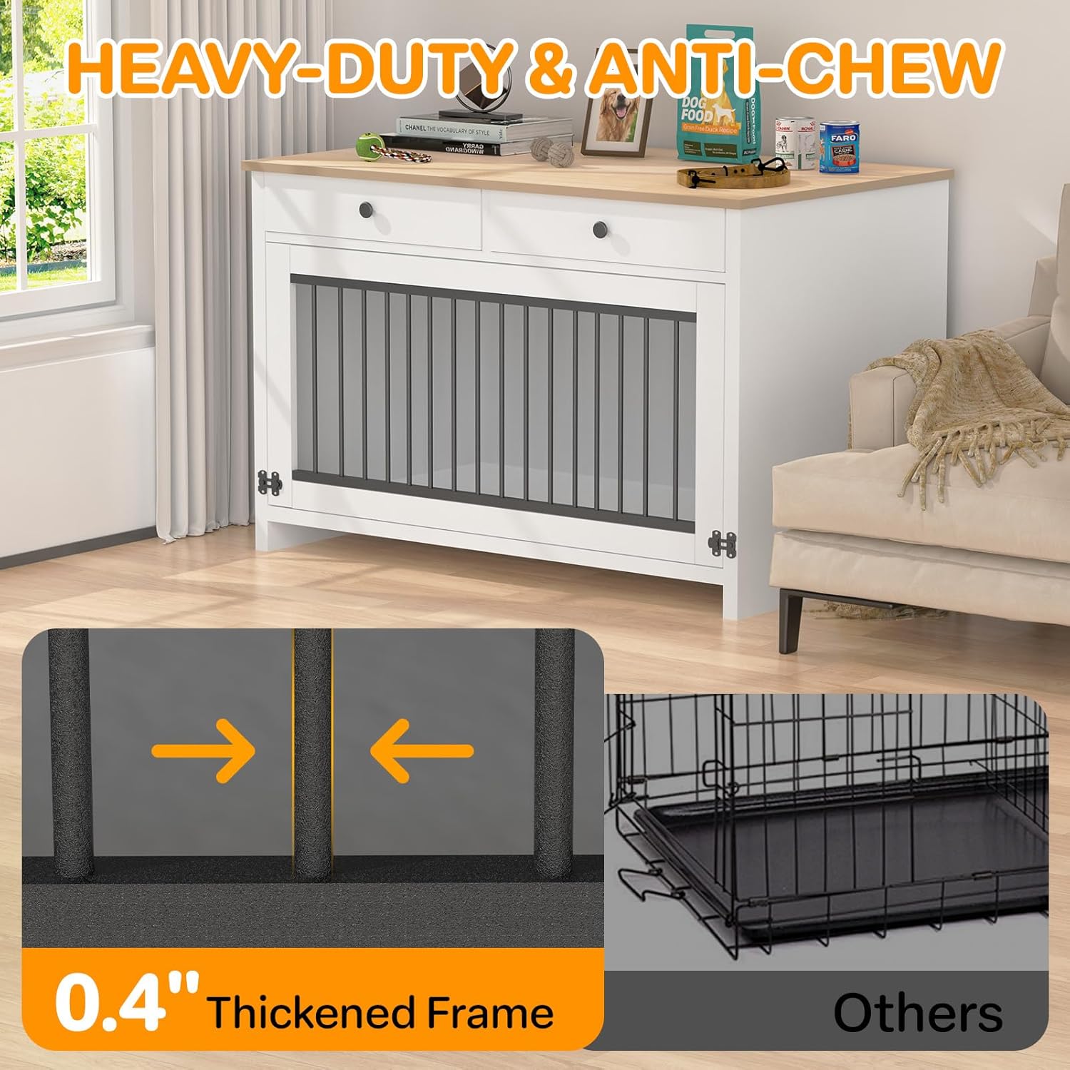 40" Dog Crate Furniture with 2 Large Storage Drawers, Wooden Dog Kennel End Table for Medium & Small Dogs, Decorative Indoor Pet Crate Sideboard with Heavy Duty Metal Bars & Secure Lock, White