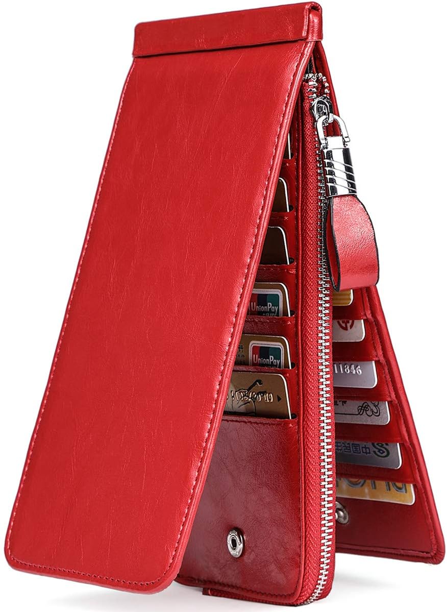 Women's Genuine Leather Credit Card Holder RFID Long Zipper Purse Wallet