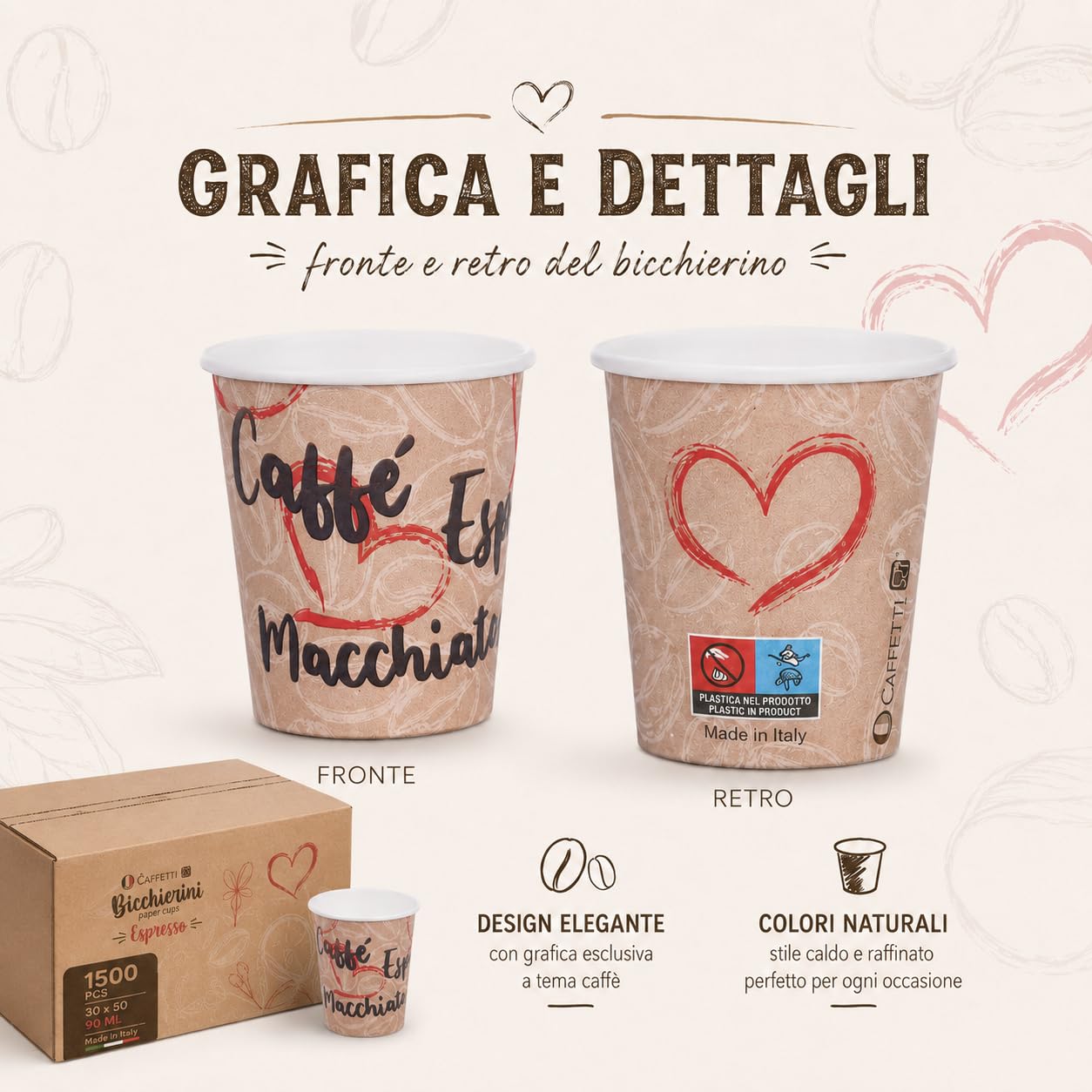 Caffetti 1500 Bicchierini Caffè Carta 90 ml Made in Italy, 30 Stecche da 50 Bicchieri Monouso per Espresso, Tazzine Usa e Getta per Bar, B&B, Ufficio, Asporto, Bevande Calde, Tema Cuore
